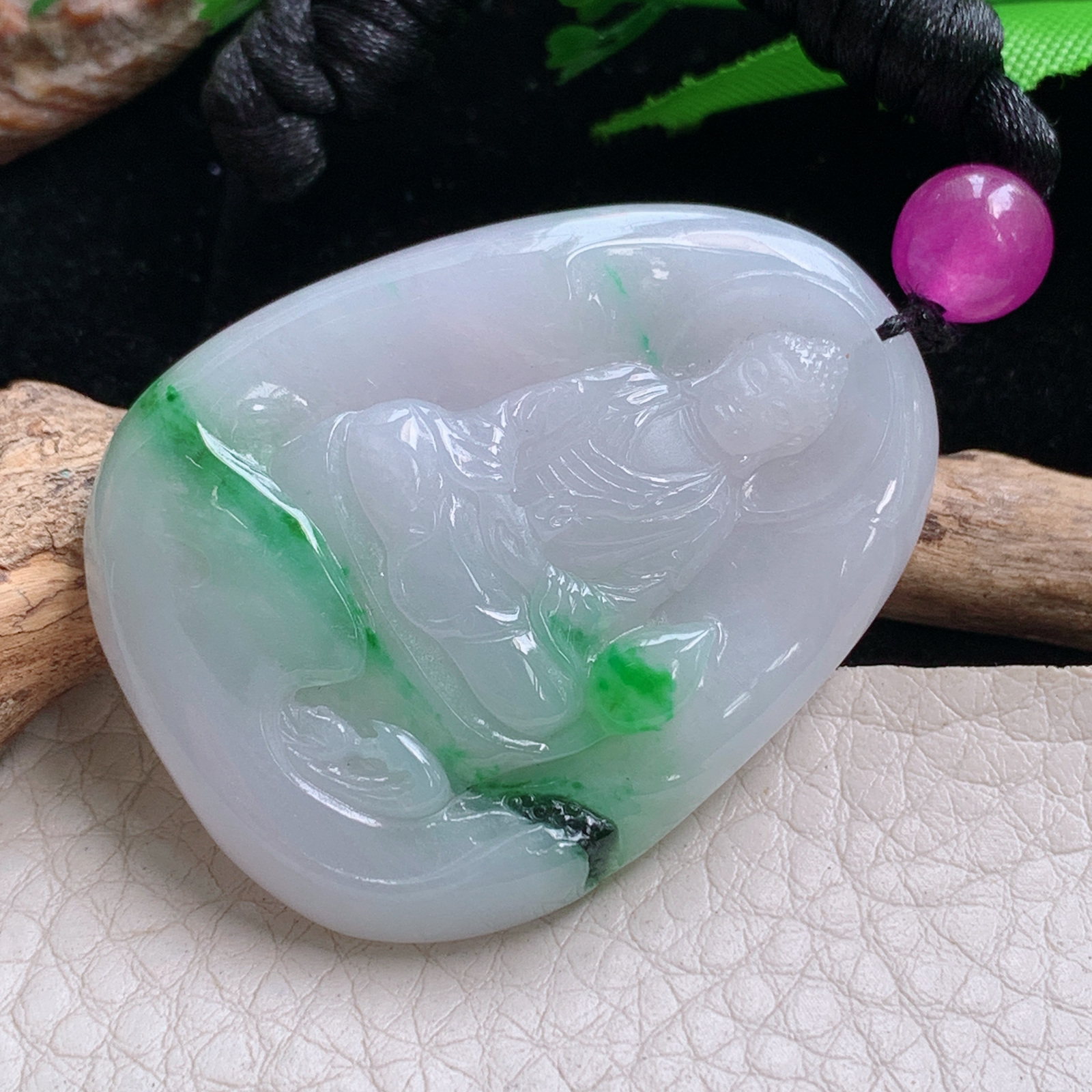 t实拍48*28*5.5缅甸翡翠A货精雕冰飘绿阿弥陀佛玉吊坠 玉挂件