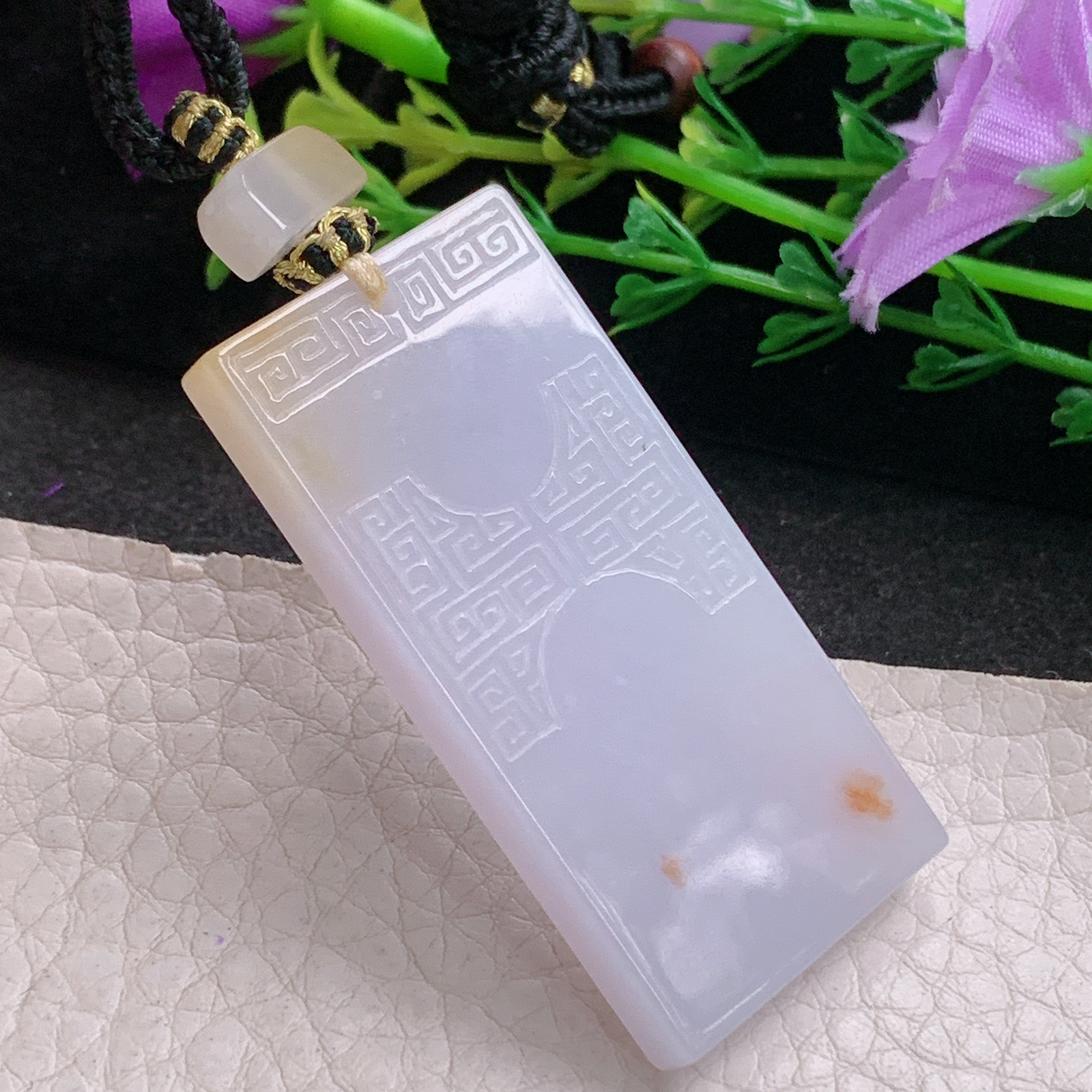 yl实拍49.3*23.5*5.5缅甸翡翠淡粉紫平安无事牌吊坠 雕花复古祥云平安玉坠