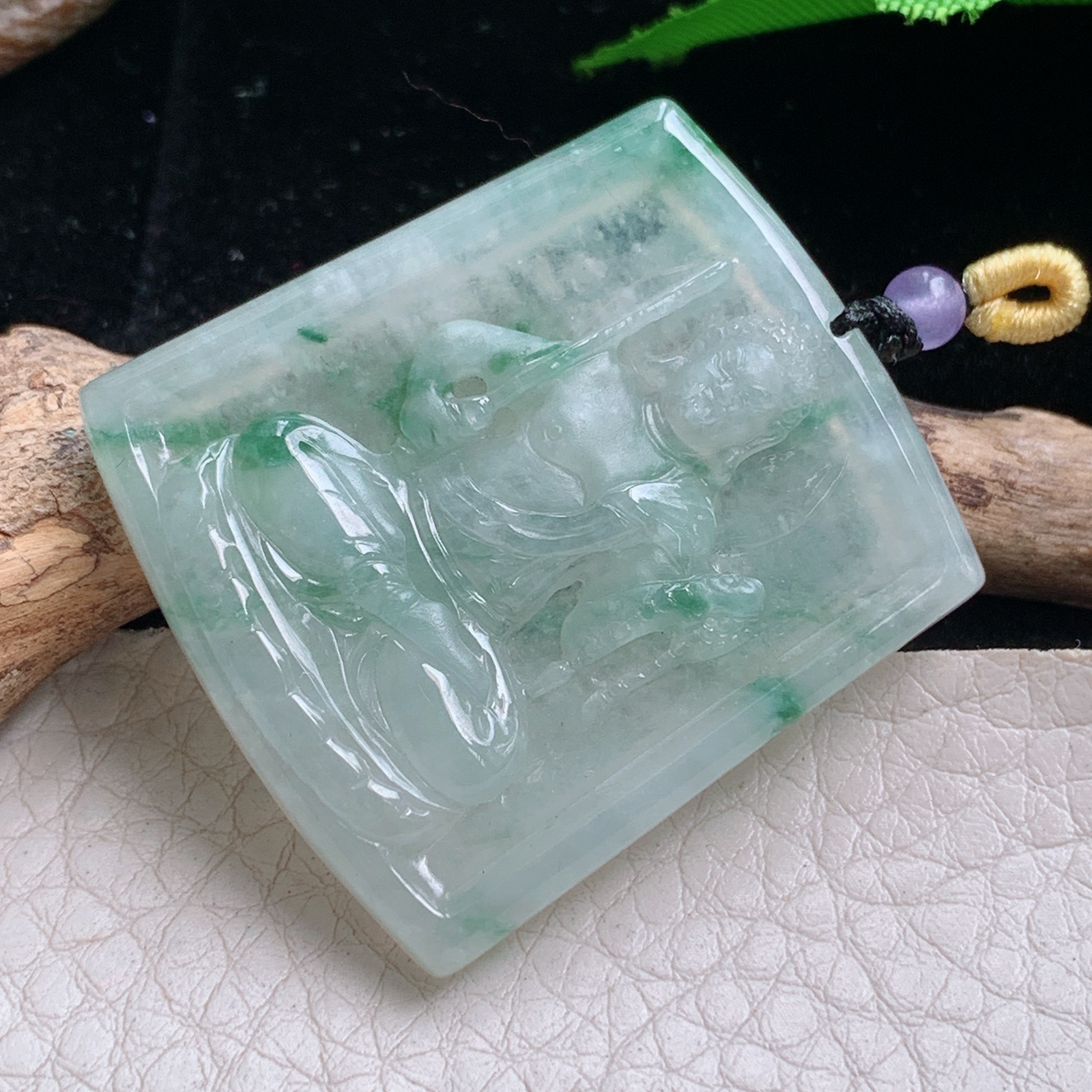 t实拍37.5*34*5.3缅甸翡翠A货精雕冰飘花不动冥王 生肖守护神玉吊坠 玉挂件