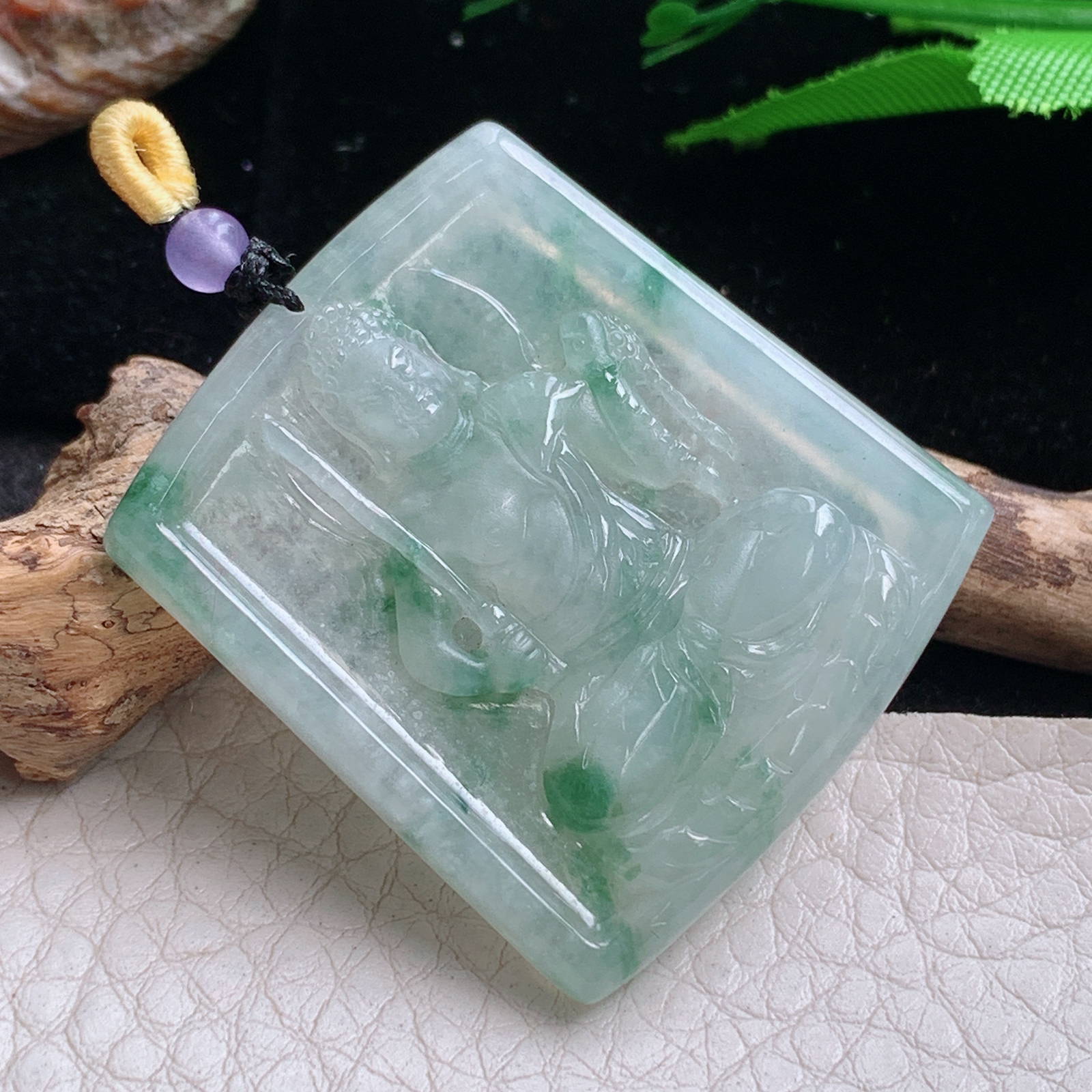 t实拍37.5*34*5.3缅甸翡翠A货精雕冰飘花不动冥王 生肖守护神玉吊坠 玉挂件