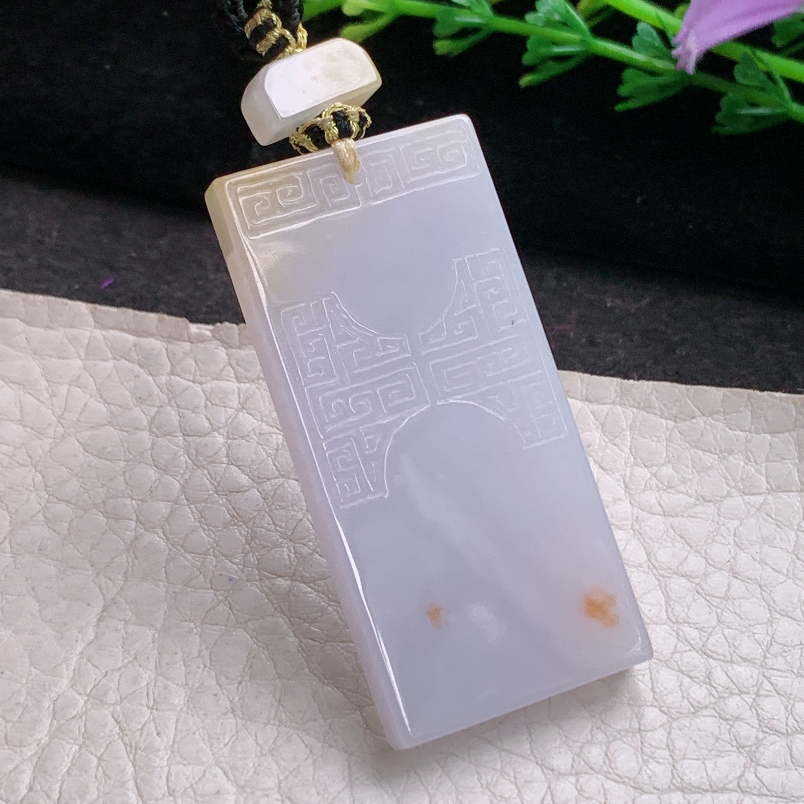 yl实拍49.3*23.5*5.5缅甸翡翠淡粉紫平安无事牌吊坠 雕花复古祥云平安玉坠