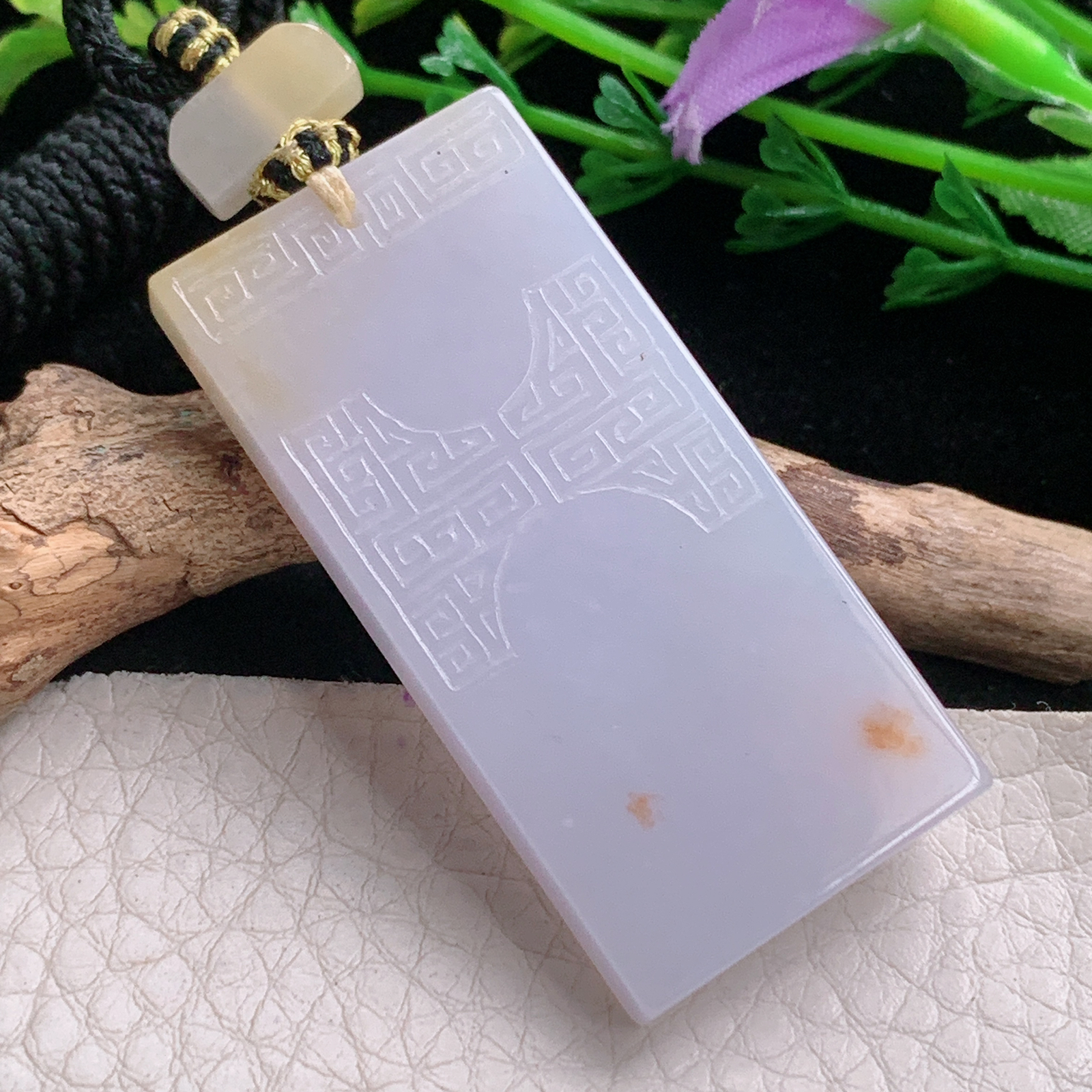 yl实拍49.3*23.5*5.5缅甸翡翠淡粉紫平安无事牌吊坠 雕花复古祥云平安玉坠