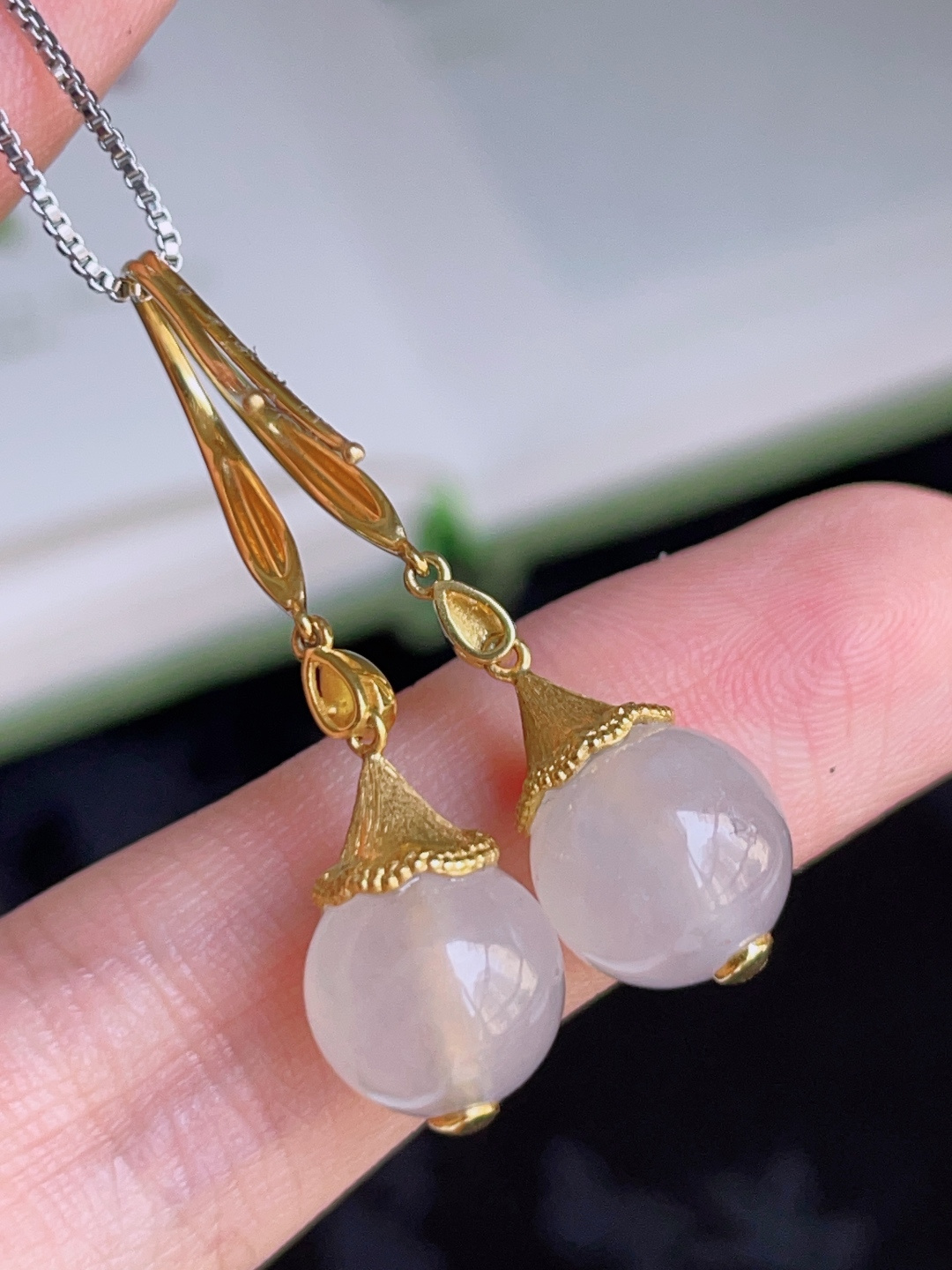 ️ 圆珠耳坠，冰润通透，种老水润，18k金镶嵌 33.8/9.7