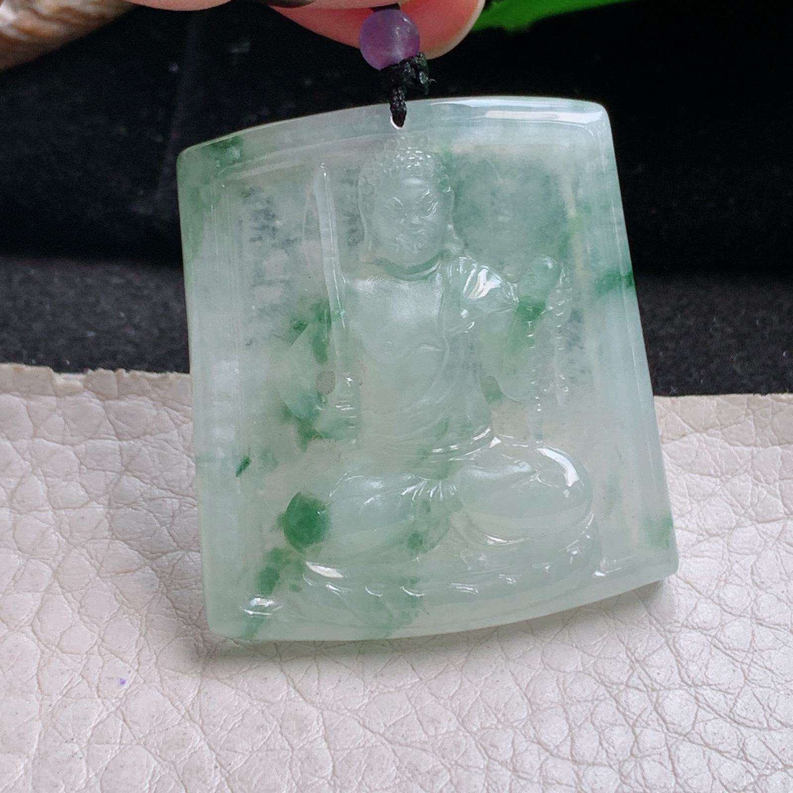 t实拍37.5*34*5.3缅甸翡翠A货精雕冰飘花不动冥王 生肖守护神玉吊坠 玉挂件