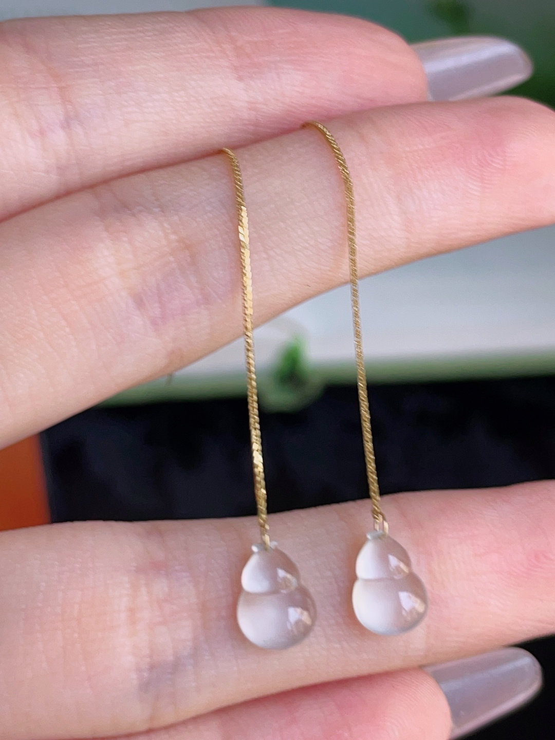 ️ 葫芦耳坠，冰润通透，种老水润，18k金镶嵌，裸石 8/5.8