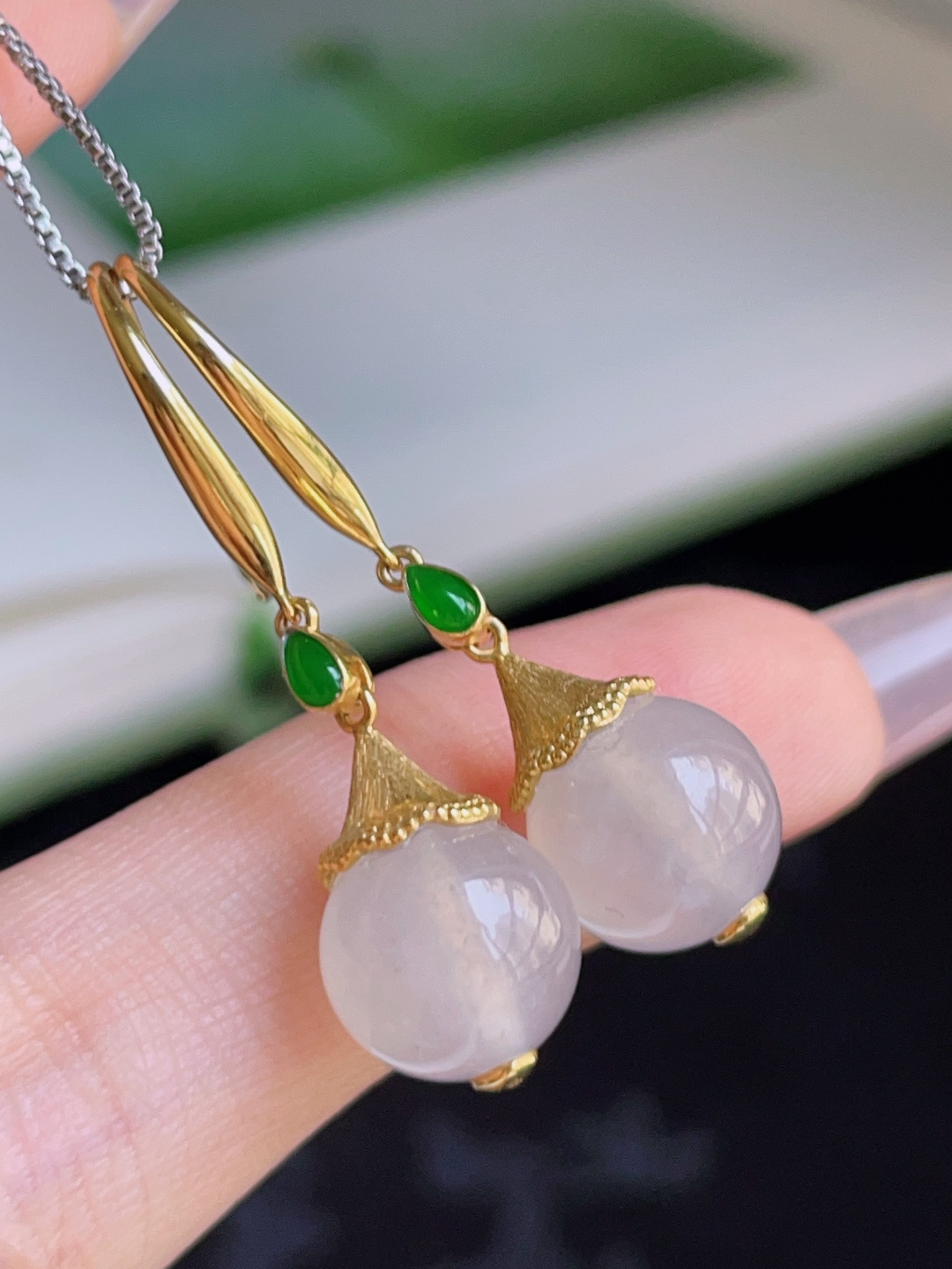 ️ 圆珠耳坠，冰润通透，种老水润，18k金镶嵌 33.8/9.7