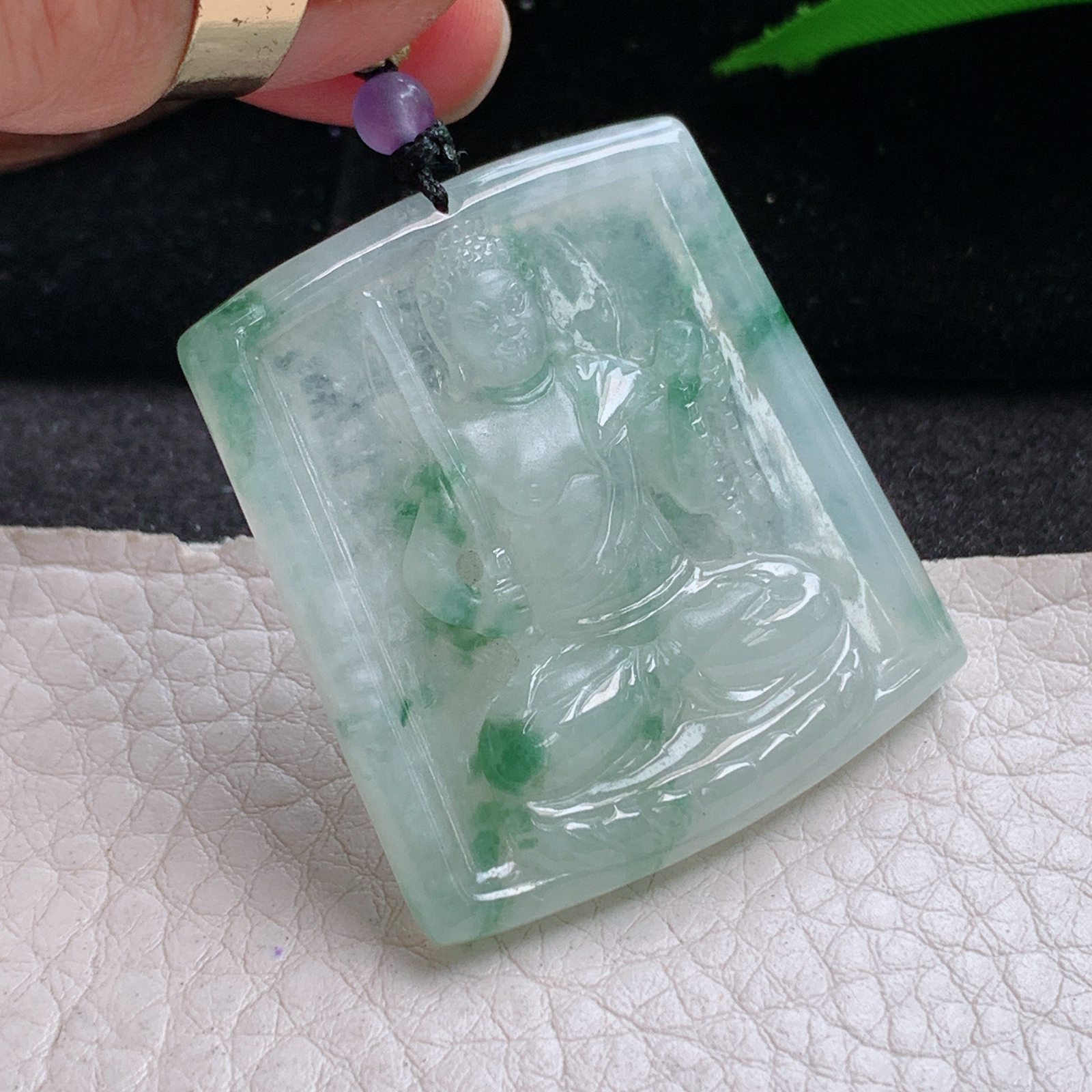 t实拍37.5*34*5.3缅甸翡翠A货精雕冰飘花不动冥王 生肖守护神玉吊坠 玉挂件