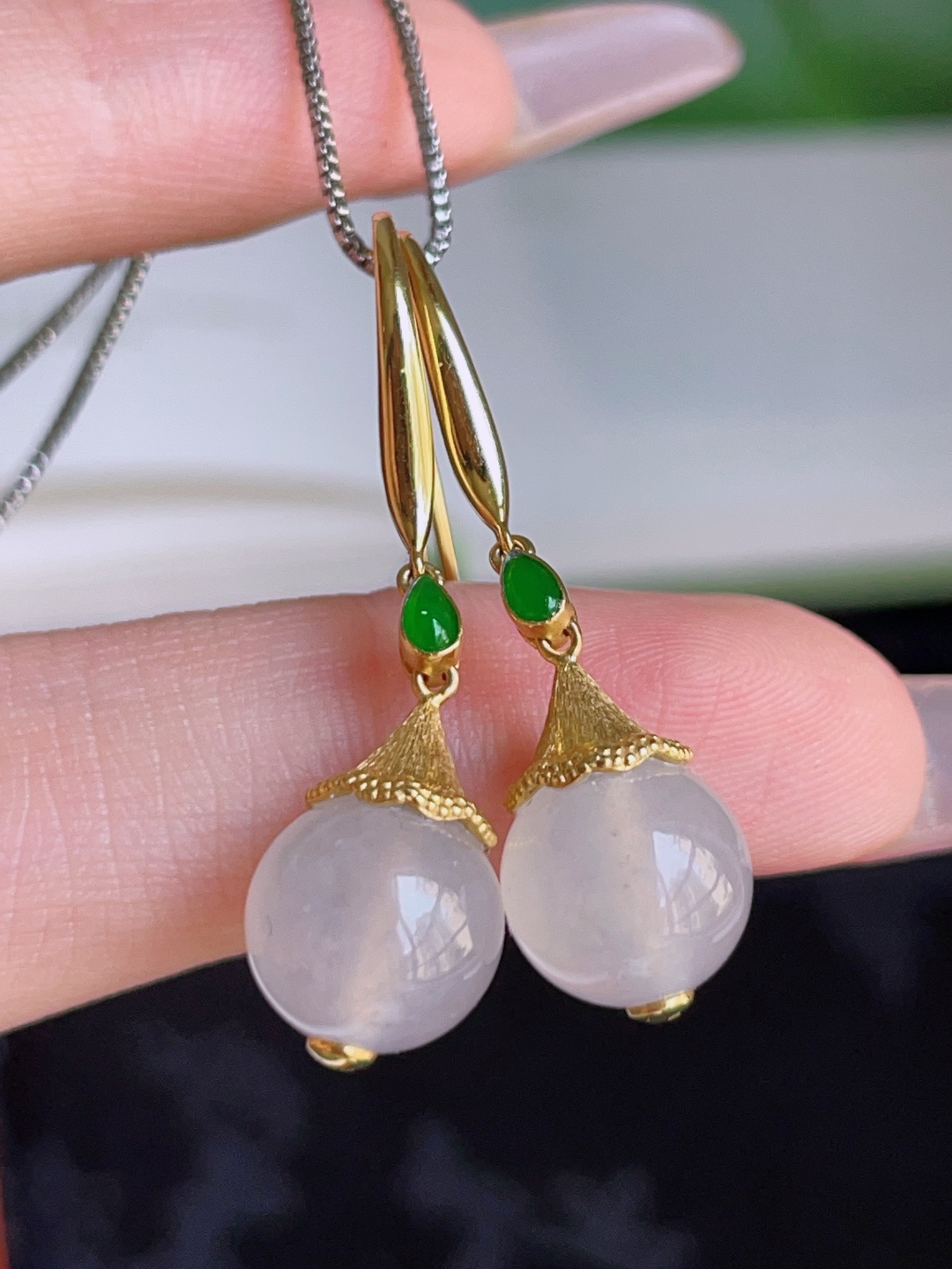 ️ 圆珠耳坠，冰润通透，种老水润，18k金镶嵌 33.8/9.7