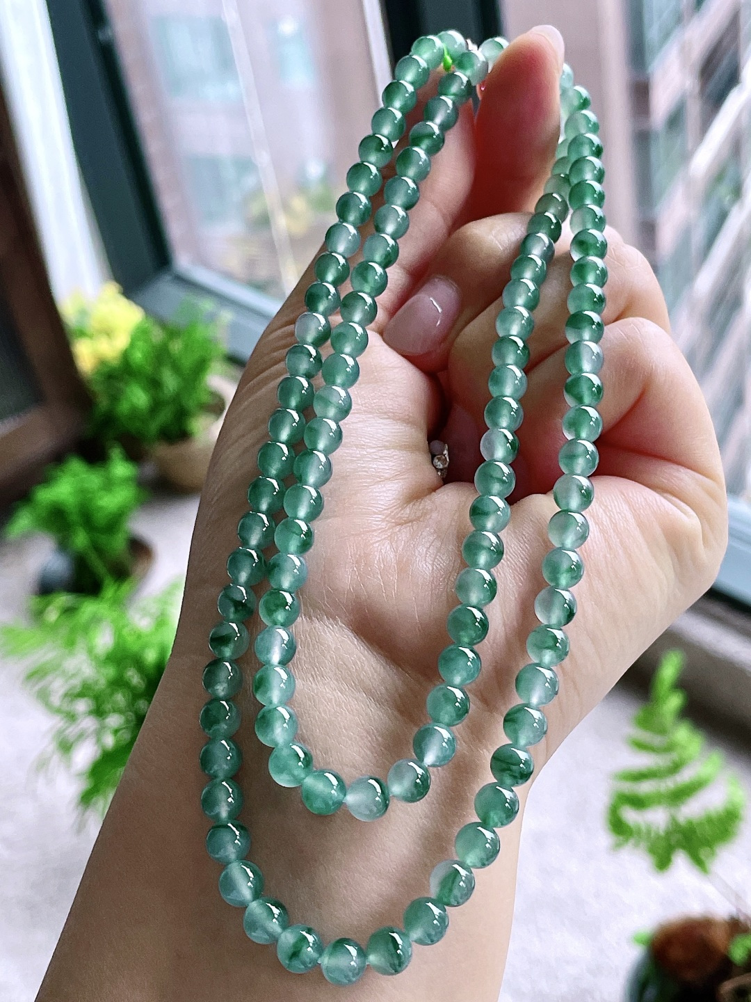 高冰飘花珠链圆珠珠子珠链，缅甸，性比高，尺寸5.8-6mm，34cm，42.8克