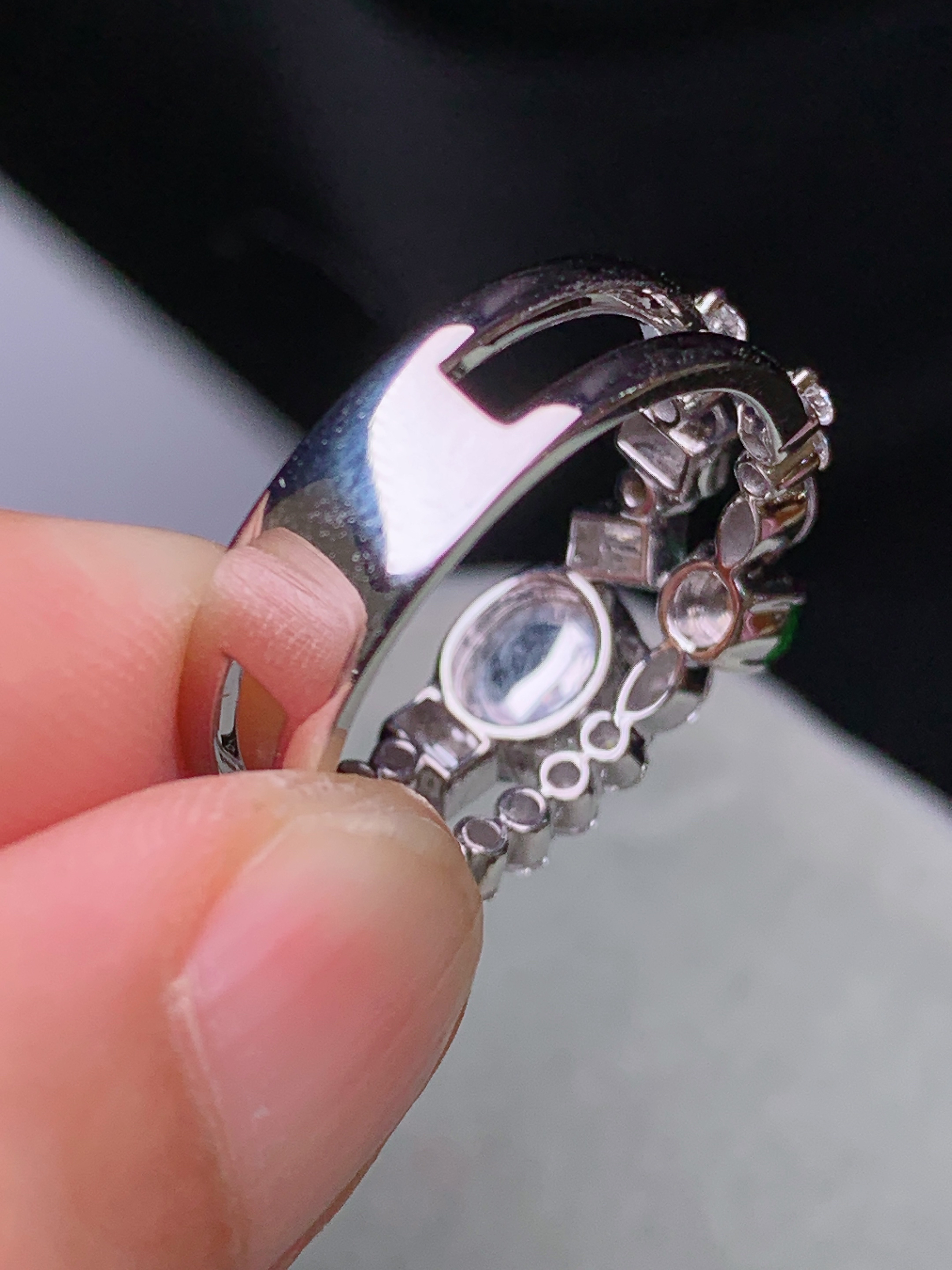 18k金钻镶嵌冰种蛋面戒指 玉质细腻 色泽艳丽清新 水润亮眼 圈口13.5 裸石尺寸7*5.2*2.8m5