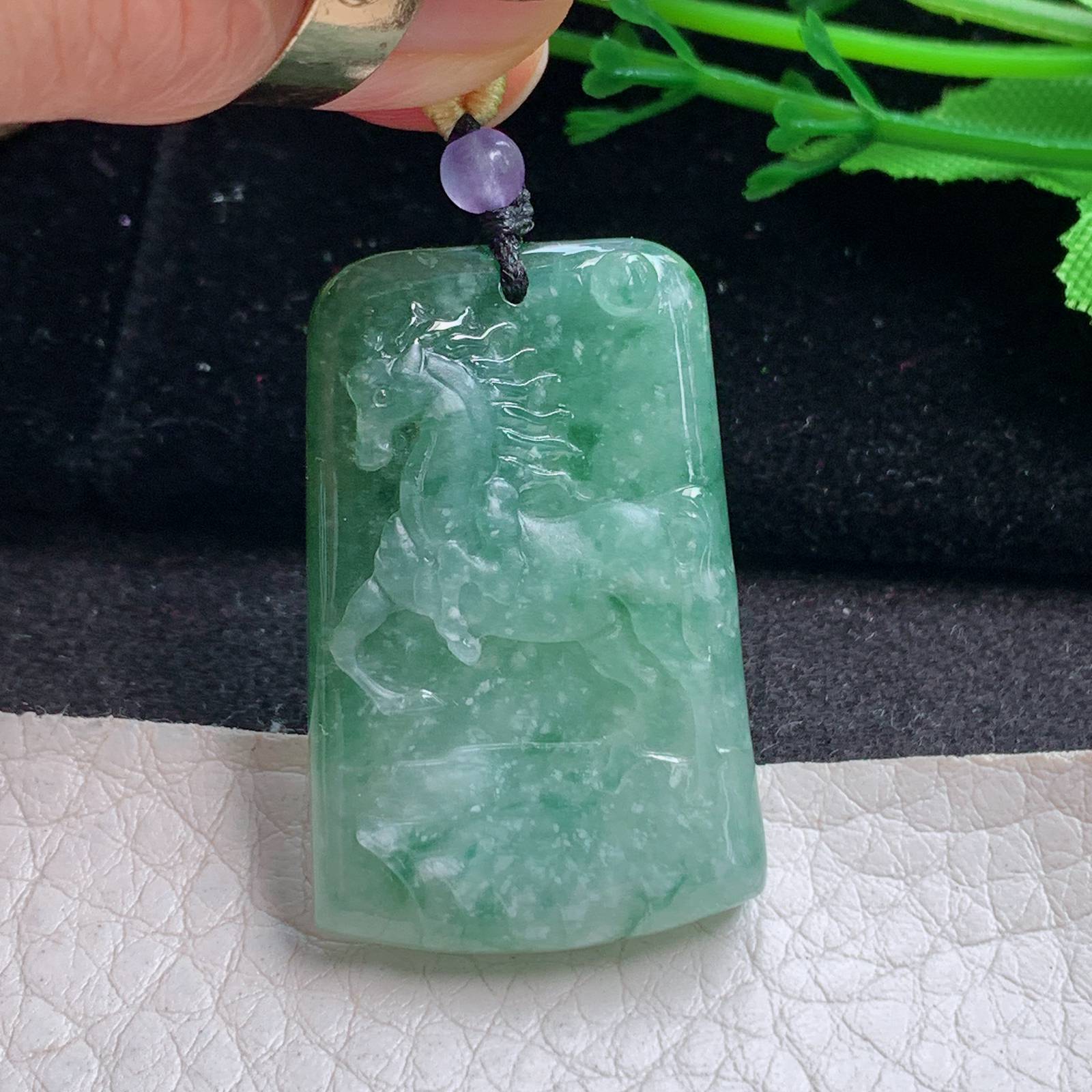 t实拍36.3*23.3*6.5缅甸翡翠A货精雕冰润立体马 生肖马玉吊坠 玉挂件