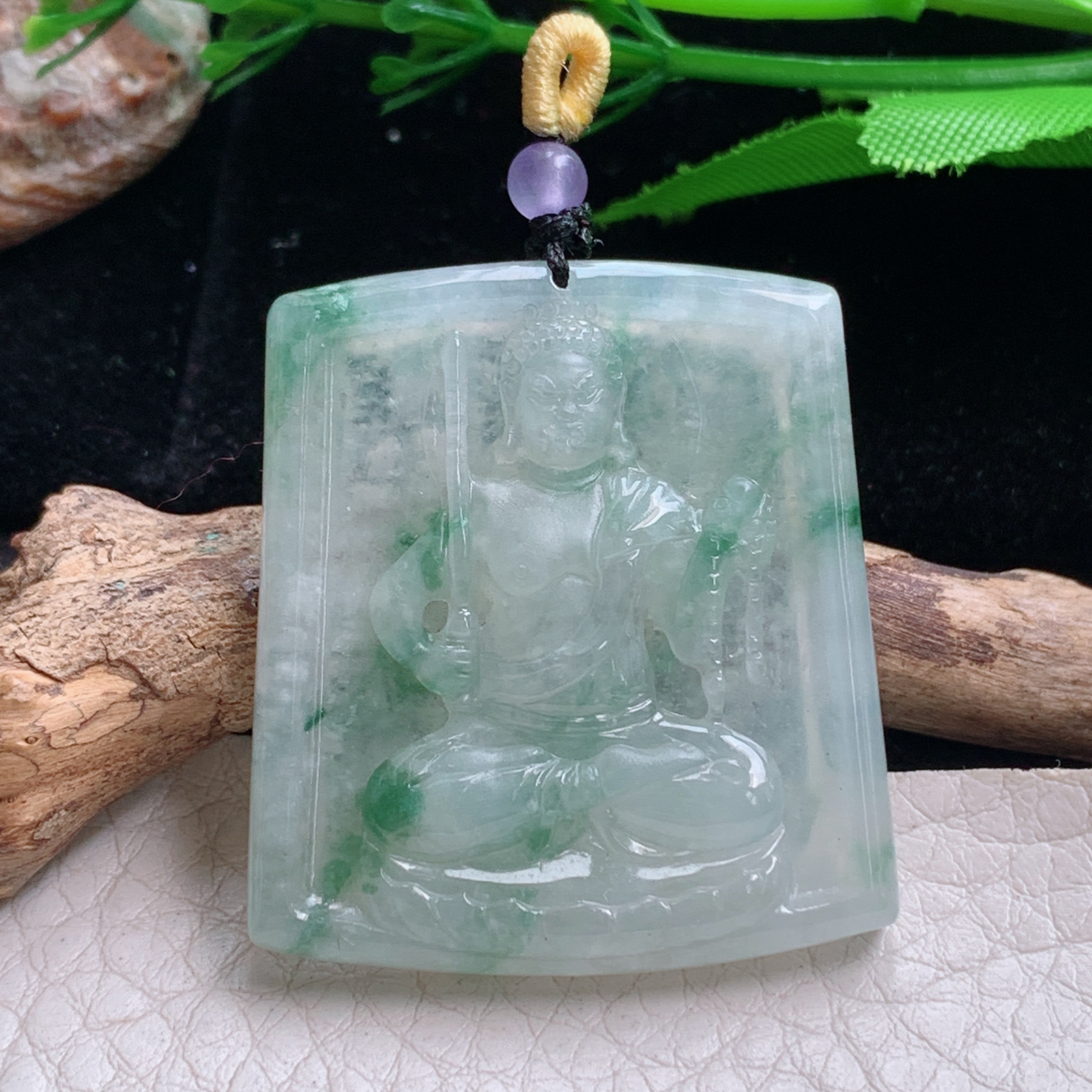 t实拍37.5*34*5.3缅甸翡翠A货精雕冰飘花不动冥王 生肖守护神玉吊坠 玉挂件