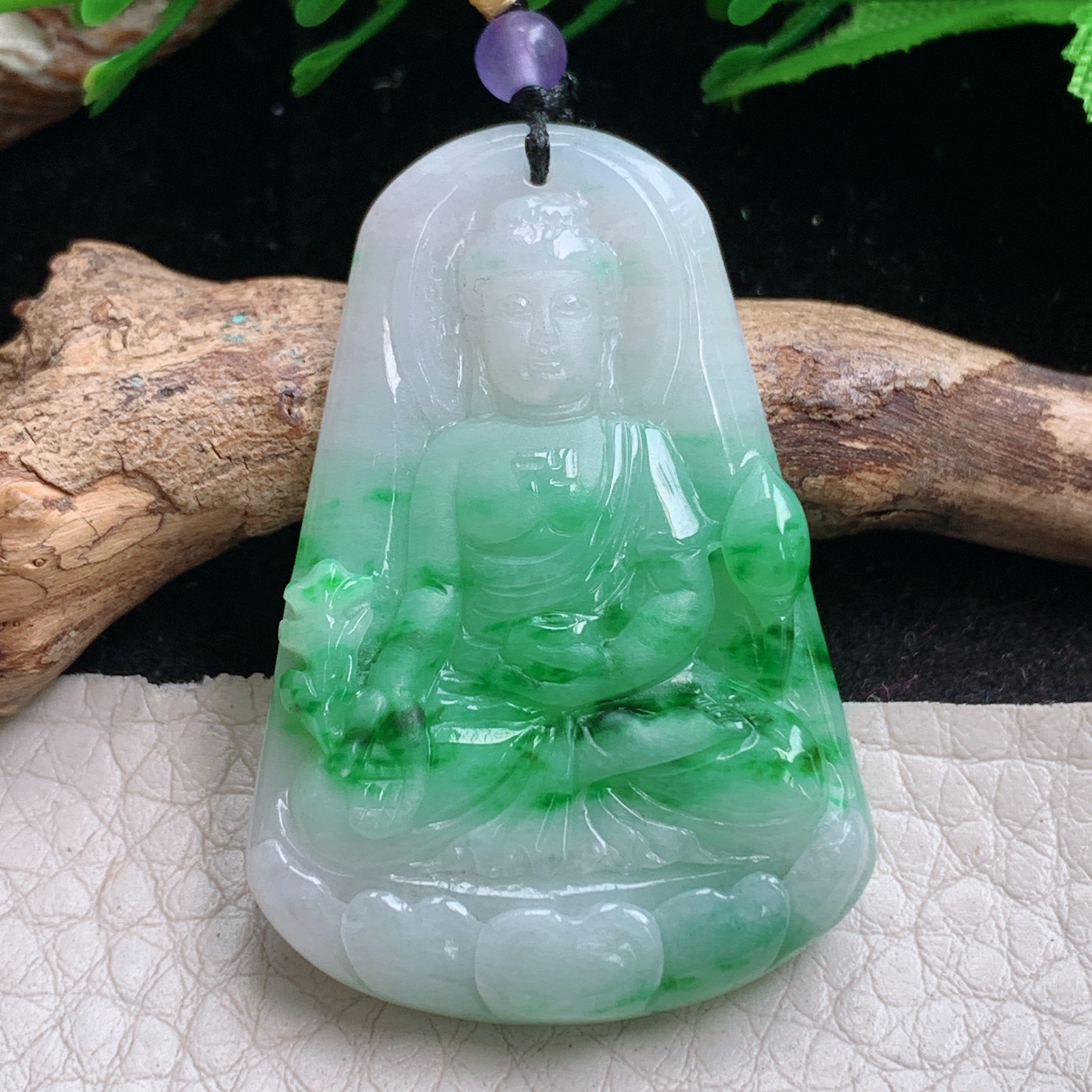 t实拍42.8*29*5.7缅甸翡翠A货精雕辣阳绿阿弥陀佛玉吊坠 玉挂件