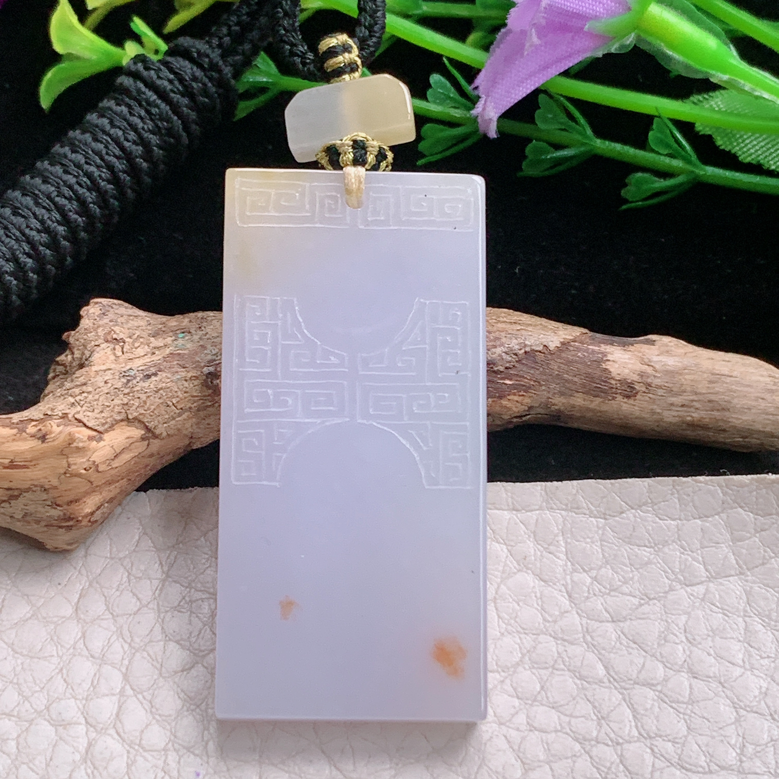 yl实拍49.3*23.5*5.5缅甸翡翠淡粉紫平安无事牌吊坠 雕花复古祥云平安玉坠