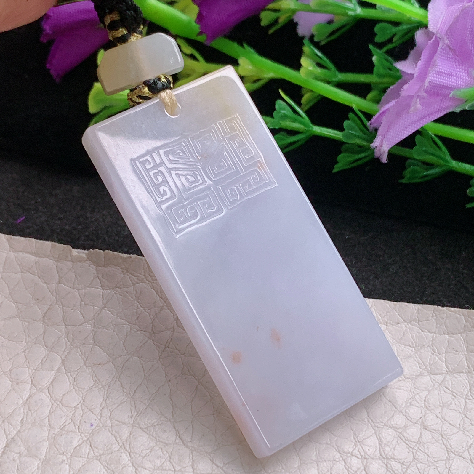 yl实拍49.3*23.5*5.5缅甸翡翠淡粉紫平安无事牌吊坠 雕花复古祥云平安玉坠