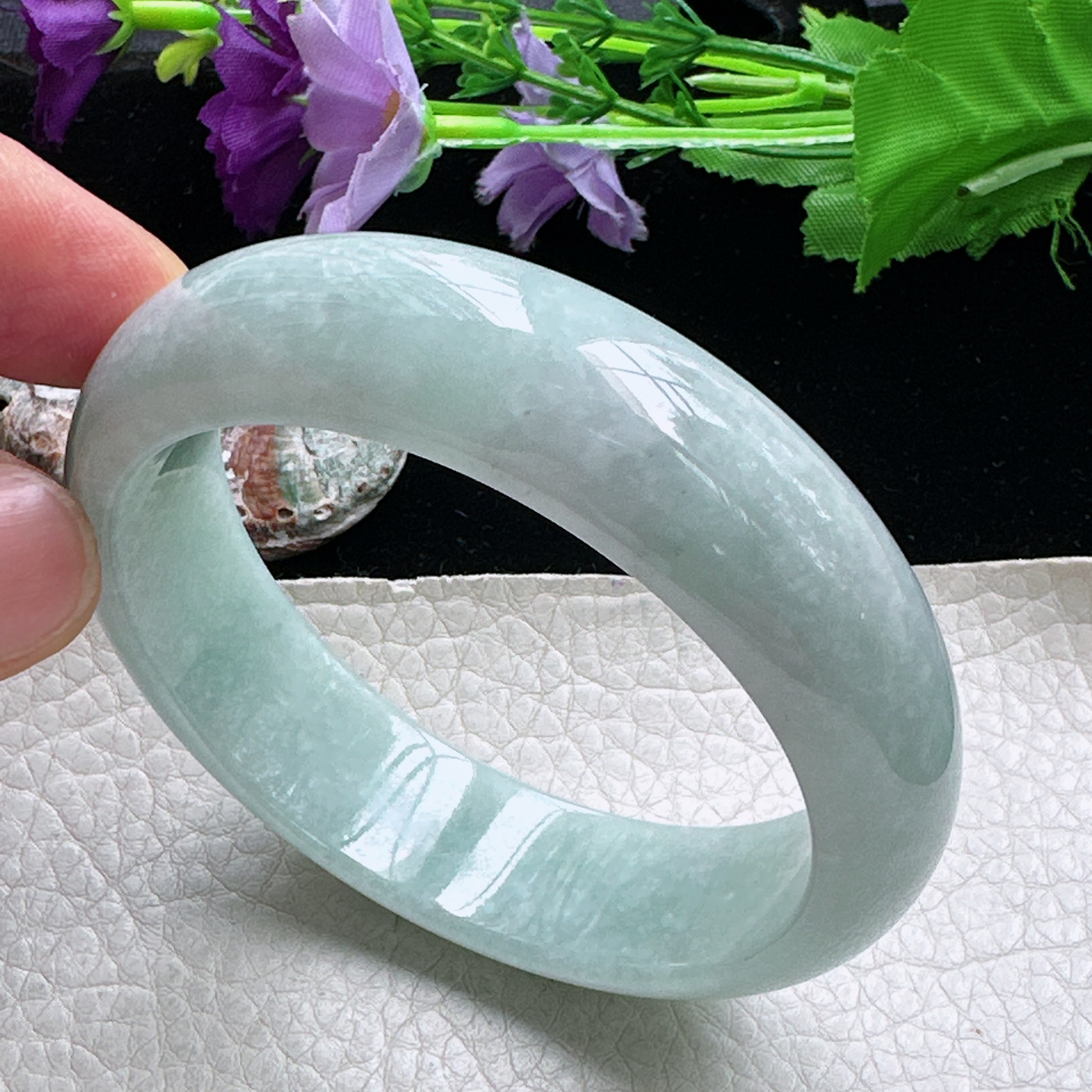 Ll自然光57圈口轮胎镯淡绿宽边厚装镯 正圈平安镯