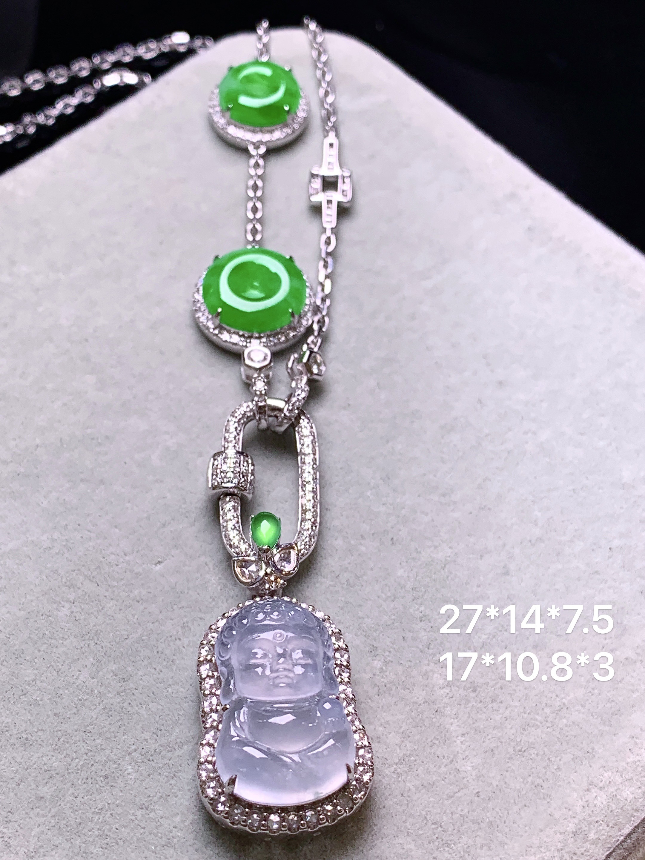 18k金钻镶嵌冰种宝宝佛搭配阳绿平安扣多用项链 玉质细腻 色泽艳丽清新 水润亮眼 整体尺寸27*14*7.5m5