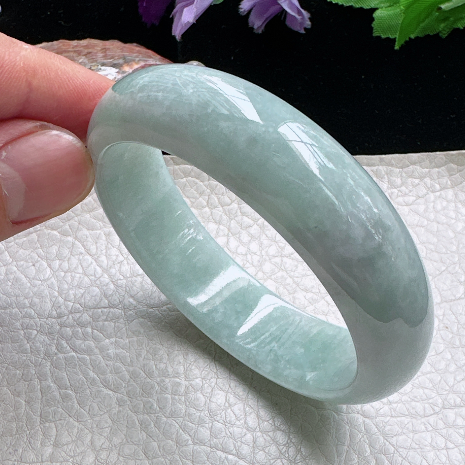 Ll自然光57圈口轮胎镯淡绿宽边厚装镯 正圈平安镯