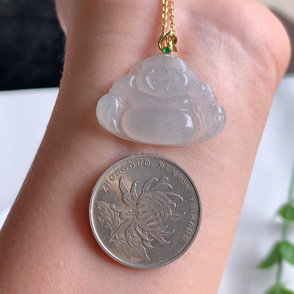 18k金扣冰润佛公翡翠吊坠，澄净美好的冰润福佛，水足丰盈，灵润、细腻，表情刻画入木三分，盈满欢喜， W357.22尺寸：20.3-29.5-5mm