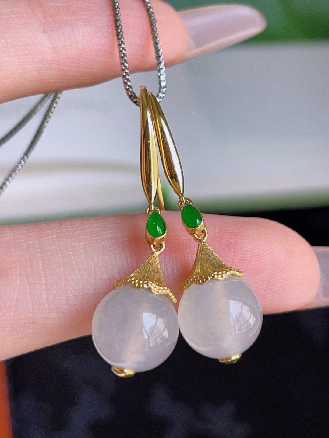 ️ 圆珠耳坠，冰润通透，种老水润，18k金镶嵌 33.8/9.7