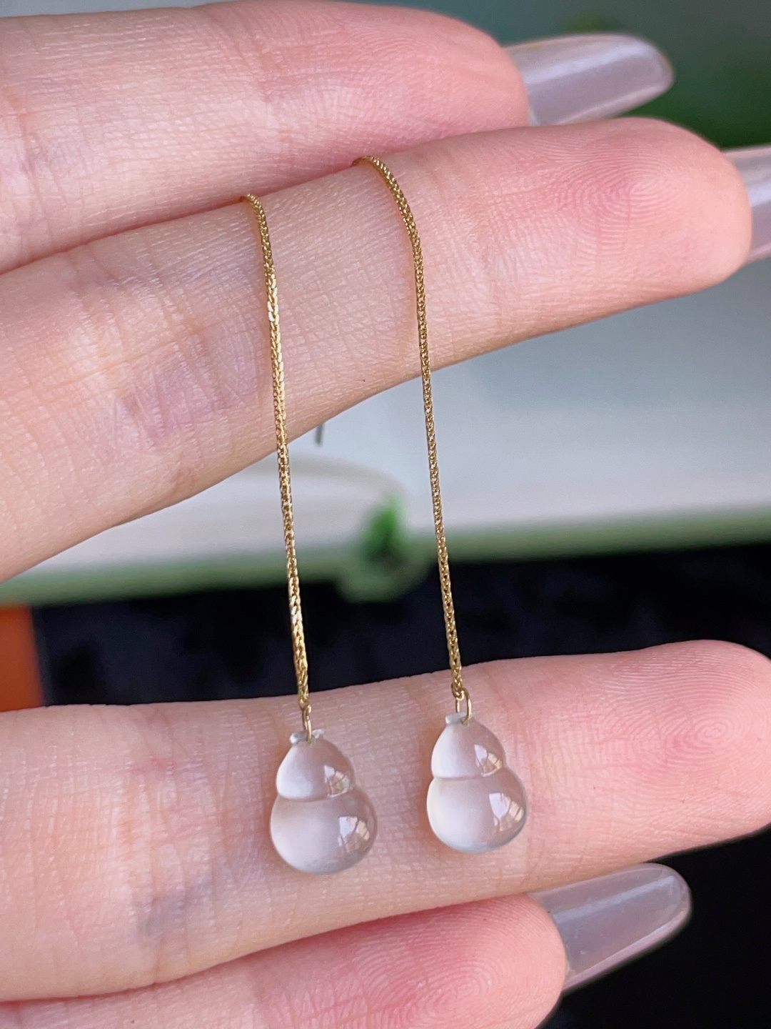 ️ 葫芦耳坠，冰润通透，种老水润，18k金镶嵌，裸石 8/5.8