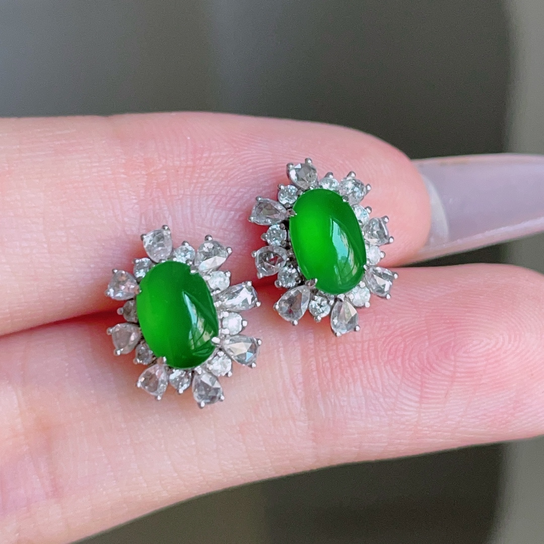 ️ 蛋面耳钉，种老水润，18k金镶嵌，裸石 12.7/4.8