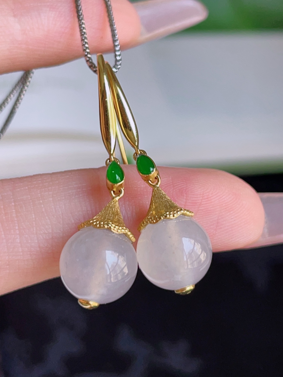 ️ 圆珠耳坠，冰润通透，种老水润，18k金镶嵌 33.8/9.7