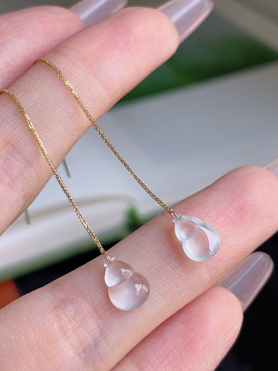 ️ 葫芦耳坠，冰润通透，种老水润，18k金镶嵌，裸石 8/5.8