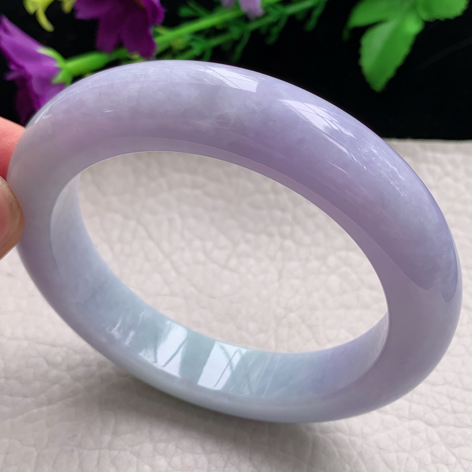 hh自然光57.5*12.8*10.3平安镯缅甸翡翠手镯淡绿紫色宽边厚装镯 紫罗兰正圈平安镯