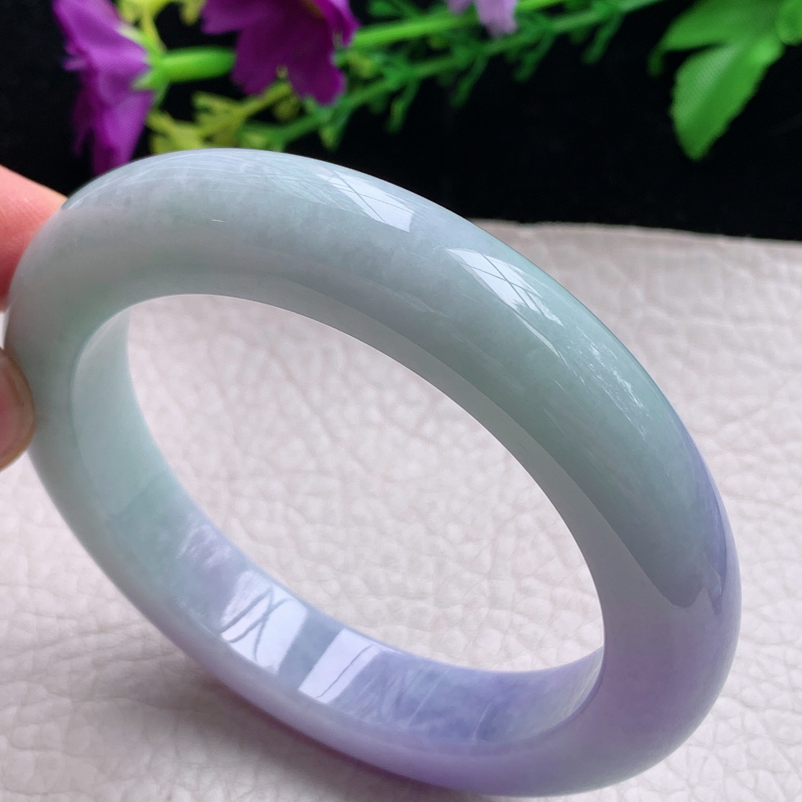 hh自然光56.5*12*10.5平安镯缅甸翡翠手镯淡绿紫色宽边厚装镯 紫罗兰正圈平安镯