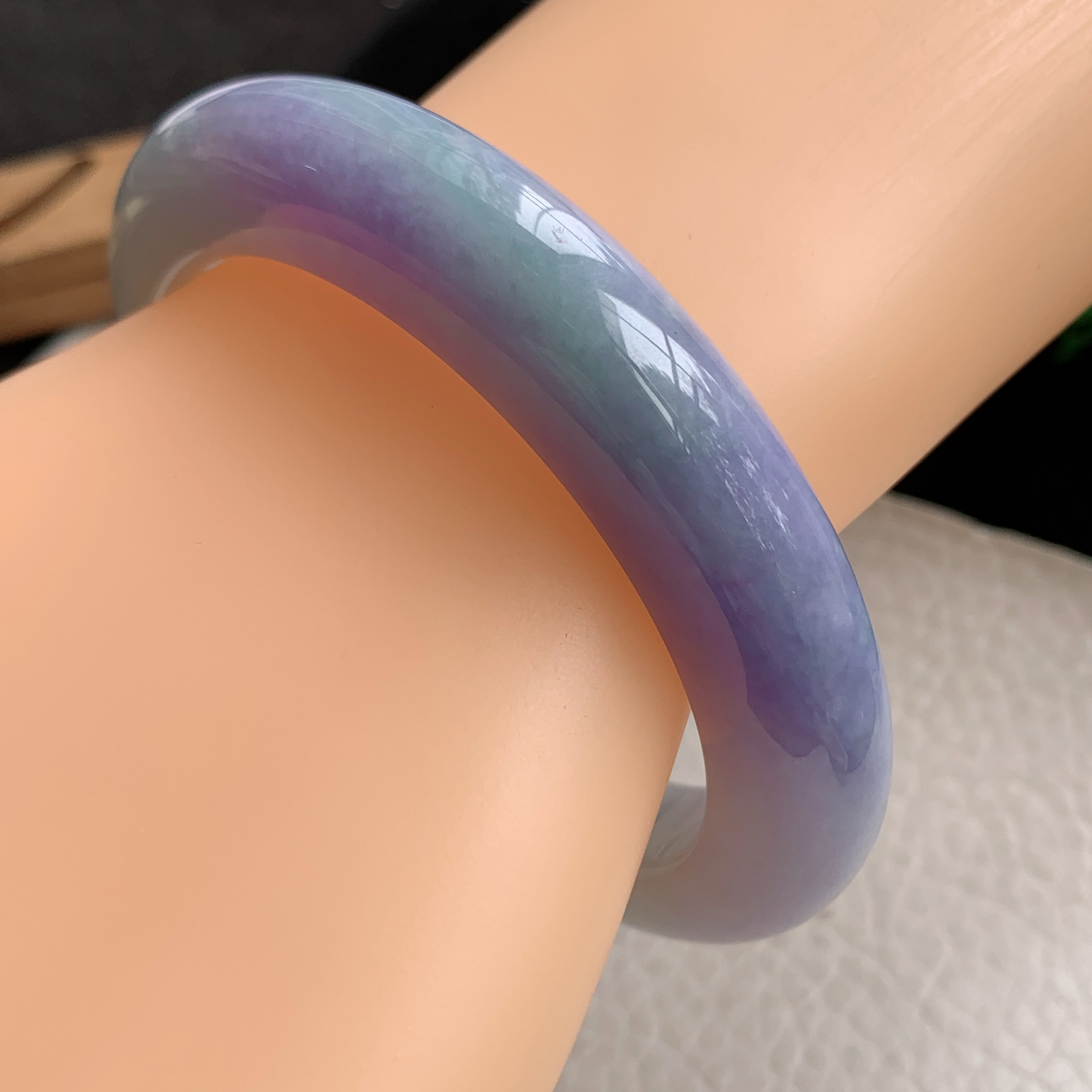 hh自然光56.5*12*10.5平安镯缅甸翡翠手镯淡绿紫色宽边厚装镯 紫罗兰正圈平安镯