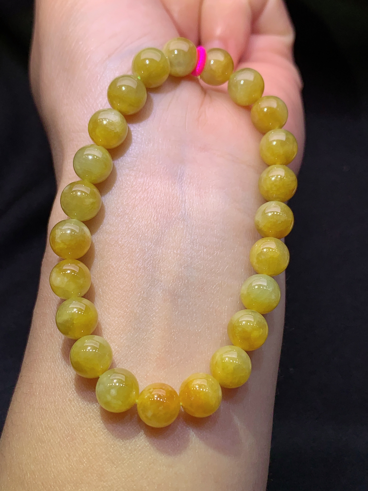 黄翡圆珠手串，冰润鲜艳，玉质细腻，种水足，Be 尺寸7.9