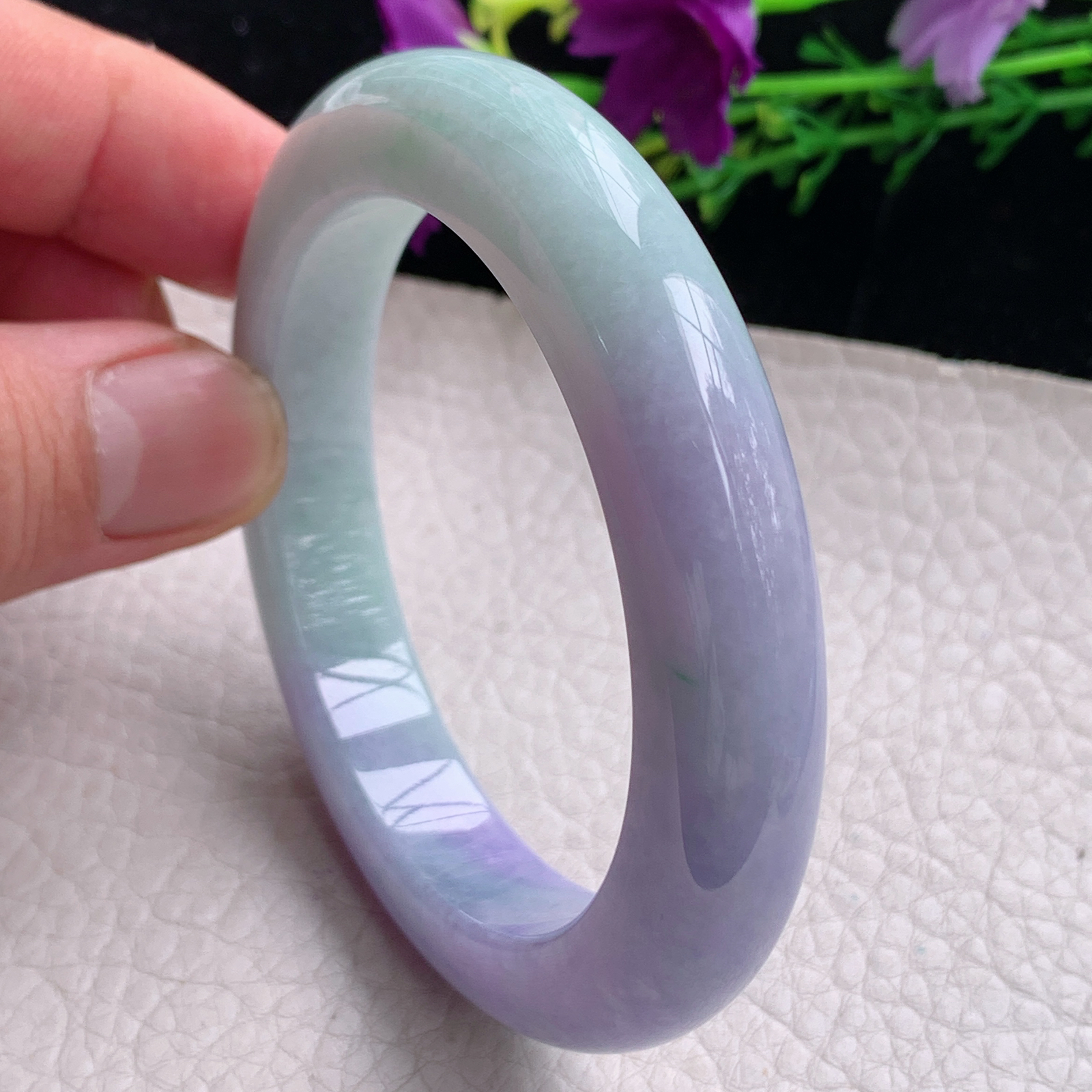 hh自然光56.5*12*10.5平安镯缅甸翡翠手镯淡绿紫色宽边厚装镯 紫罗兰正圈平安镯
