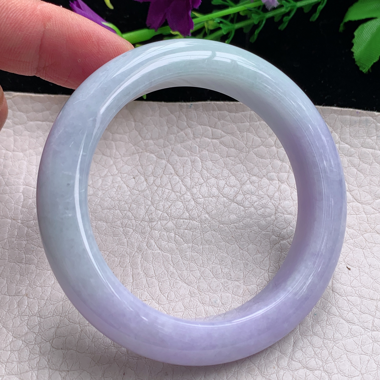 hh自然光57.5*12.8*10.3平安镯缅甸翡翠手镯淡绿紫色宽边厚装镯 紫罗兰正圈平安镯