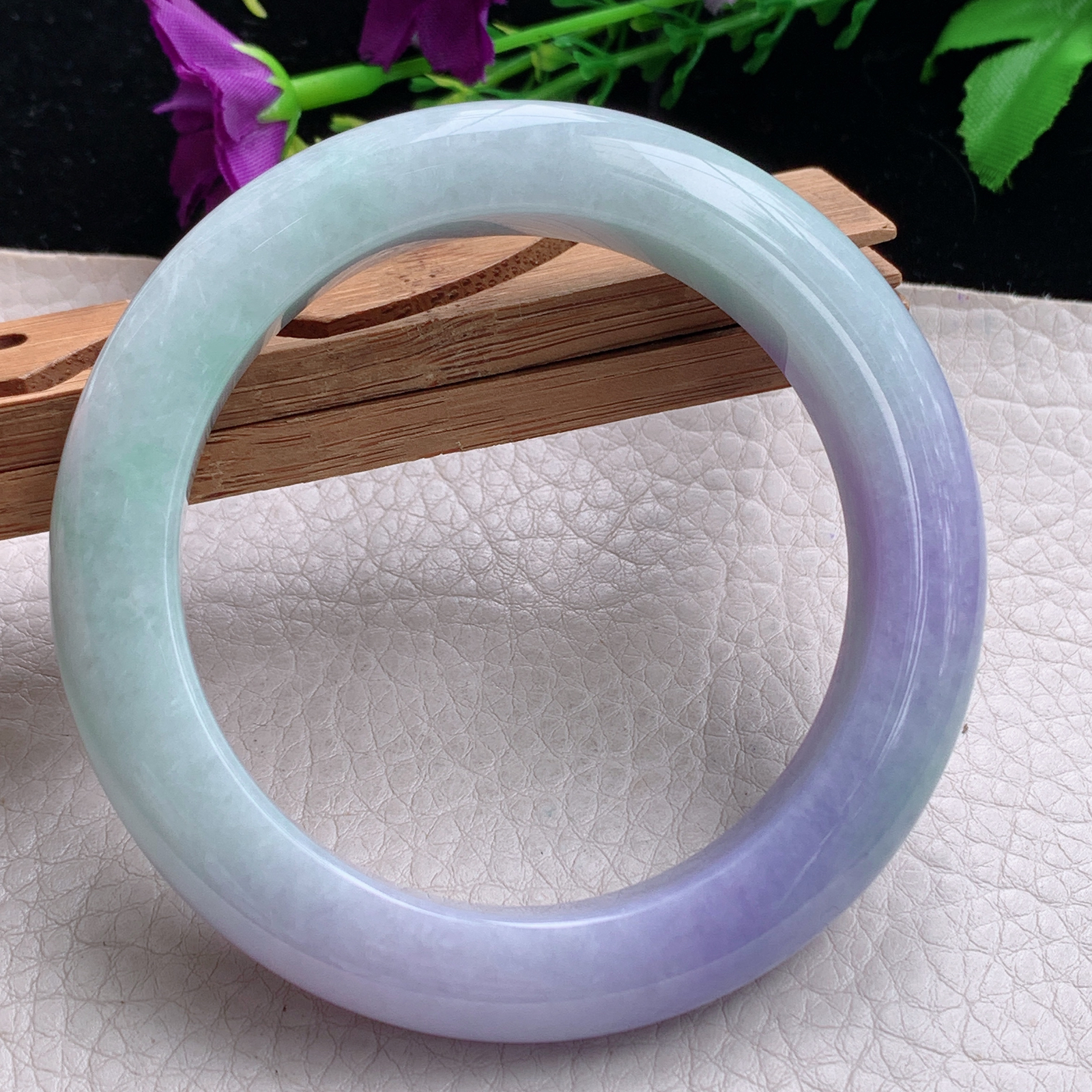 hh自然光56.5*12*10.5平安镯缅甸翡翠手镯淡绿紫色宽边厚装镯 紫罗兰正圈平安镯