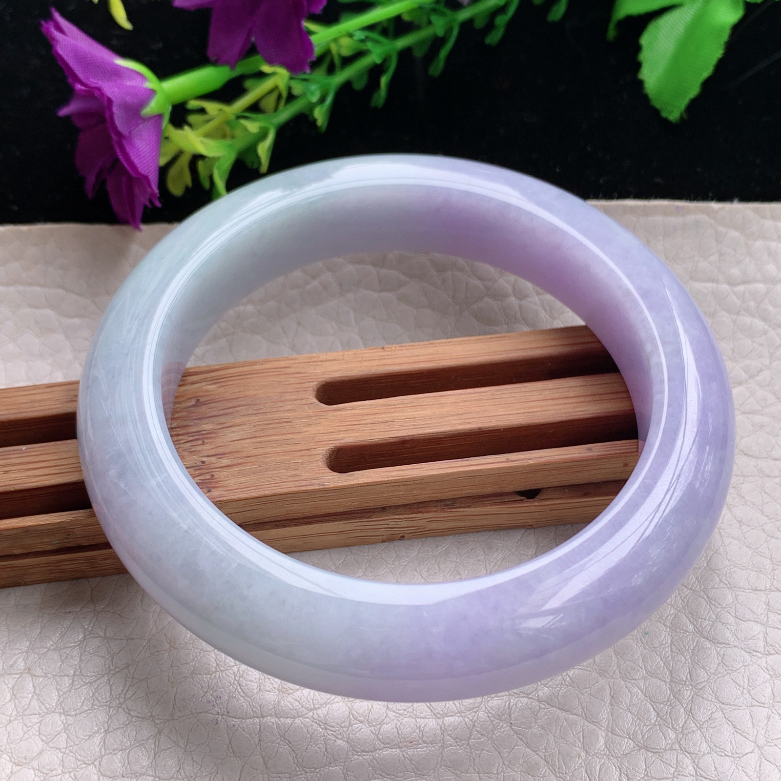 hh自然光57.5*12.8*10.3平安镯缅甸翡翠手镯淡绿紫色宽边厚装镯 紫罗兰正圈平安镯