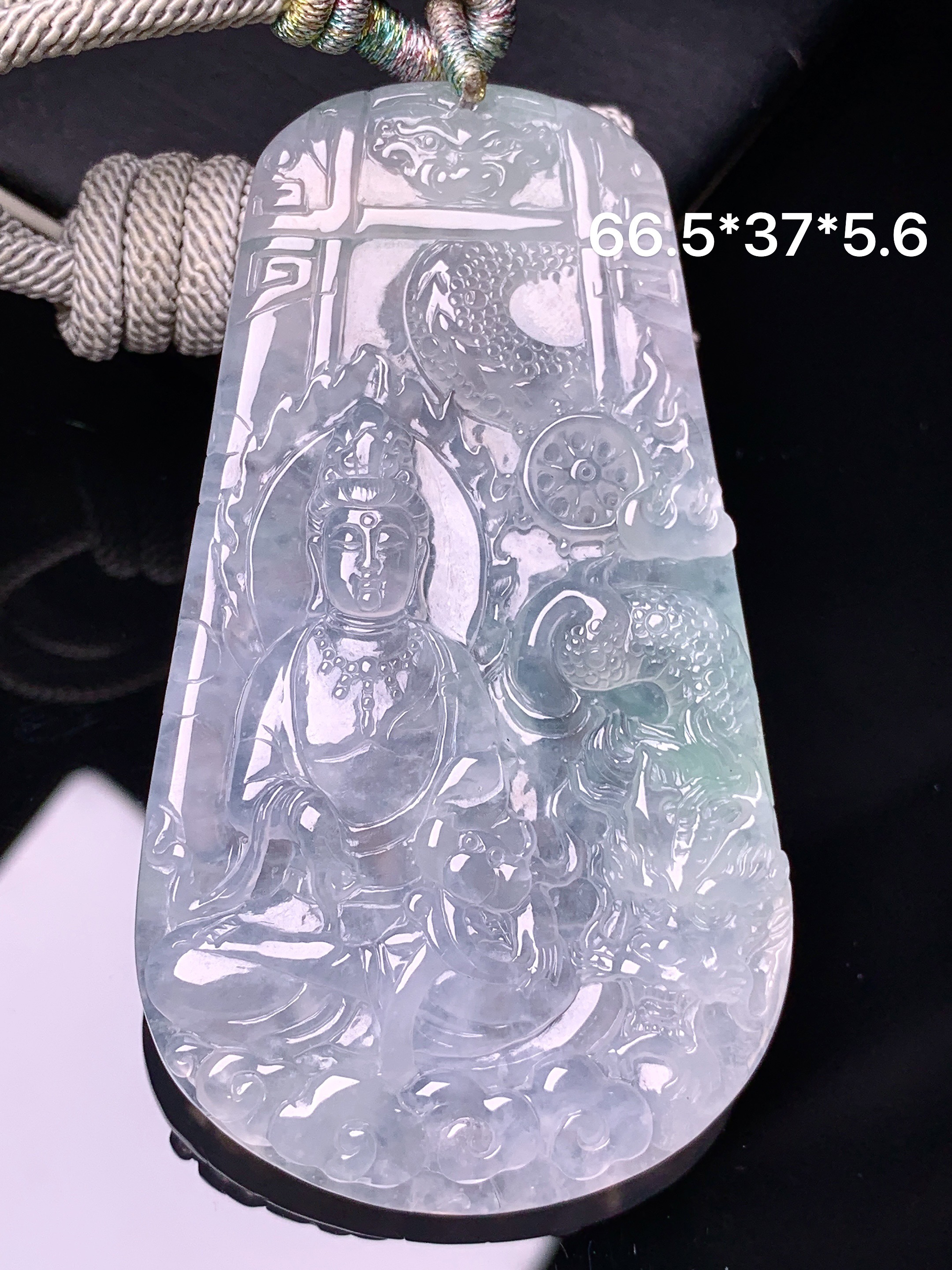 冰种乘龙观音菩萨吊坠 玉质细腻 色泽艳丽清新 水润亮眼 整体尺寸66.5*37*5.6a5