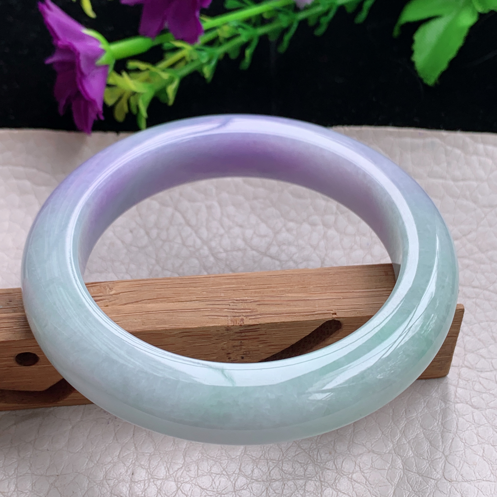 hh自然光56.5*12*10.5平安镯缅甸翡翠手镯淡绿紫色宽边厚装镯 紫罗兰正圈平安镯