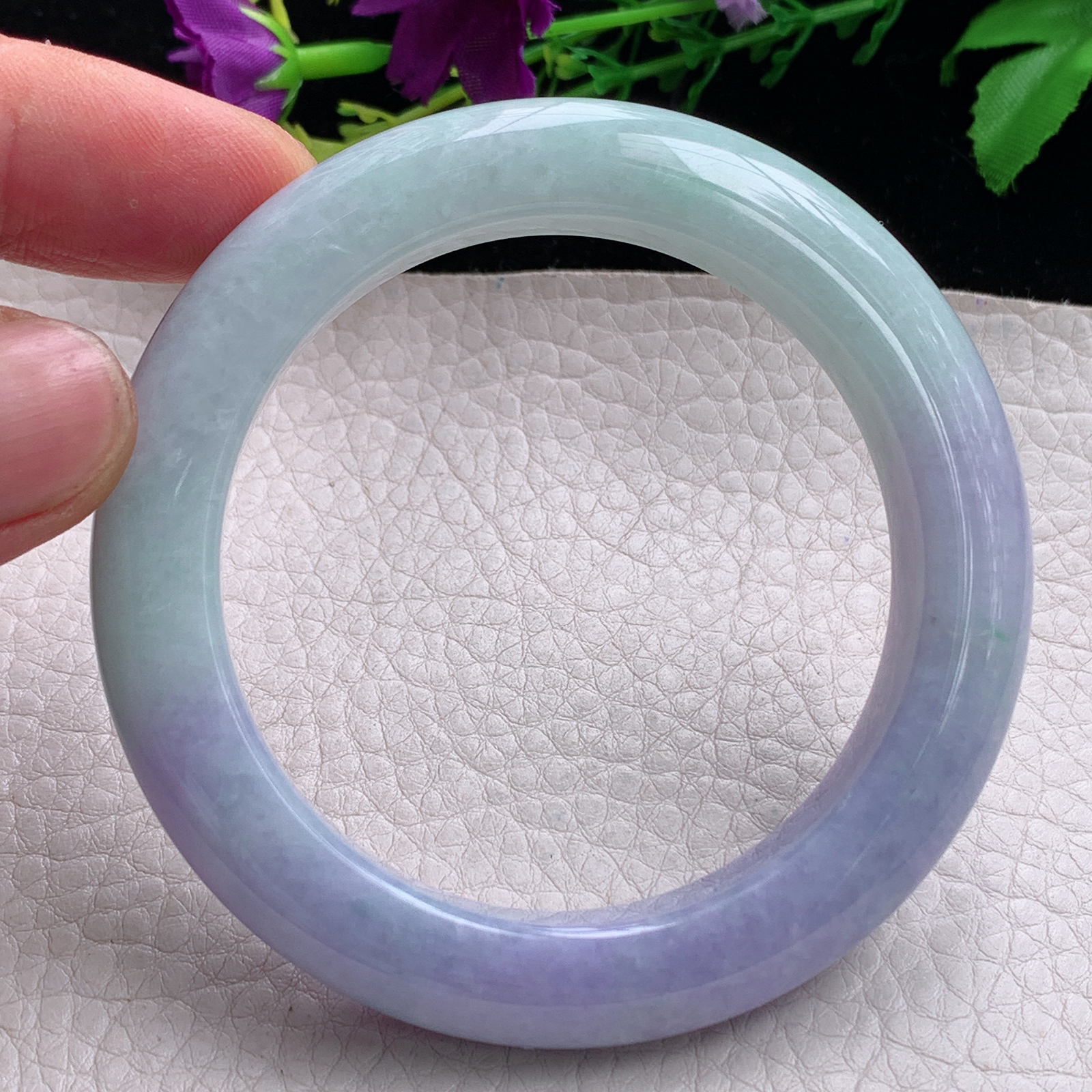 hh自然光56.5*12*10.5平安镯缅甸翡翠手镯淡绿紫色宽边厚装镯 紫罗兰正圈平安镯