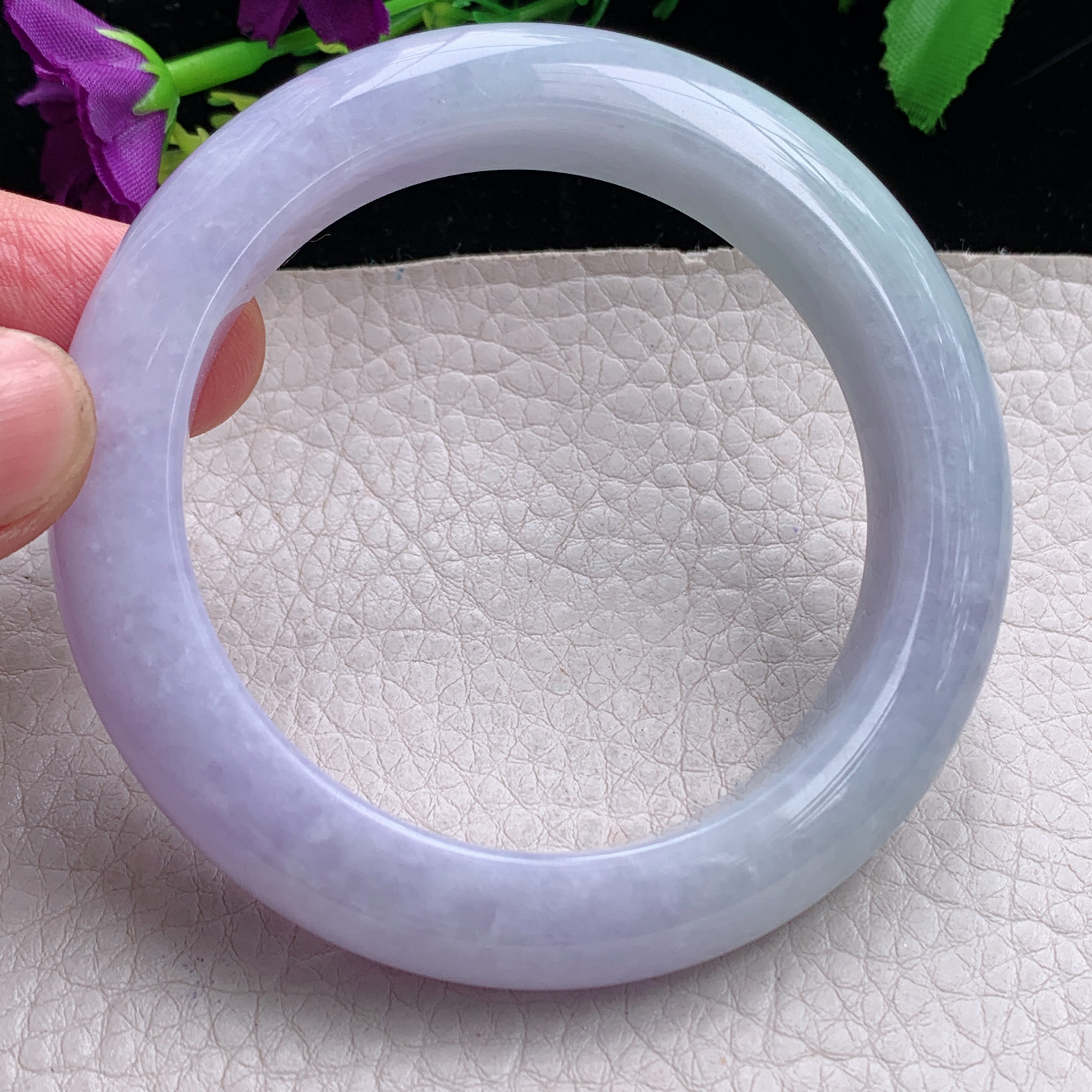 hh自然光57.5*12.8*10.3平安镯缅甸翡翠手镯淡绿紫色宽边厚装镯 紫罗兰正圈平安镯