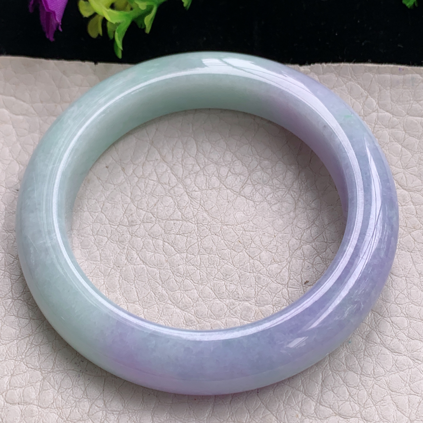 hh自然光56.5*12*10.5平安镯缅甸翡翠手镯淡绿紫色宽边厚装镯 紫罗兰正圈平安镯