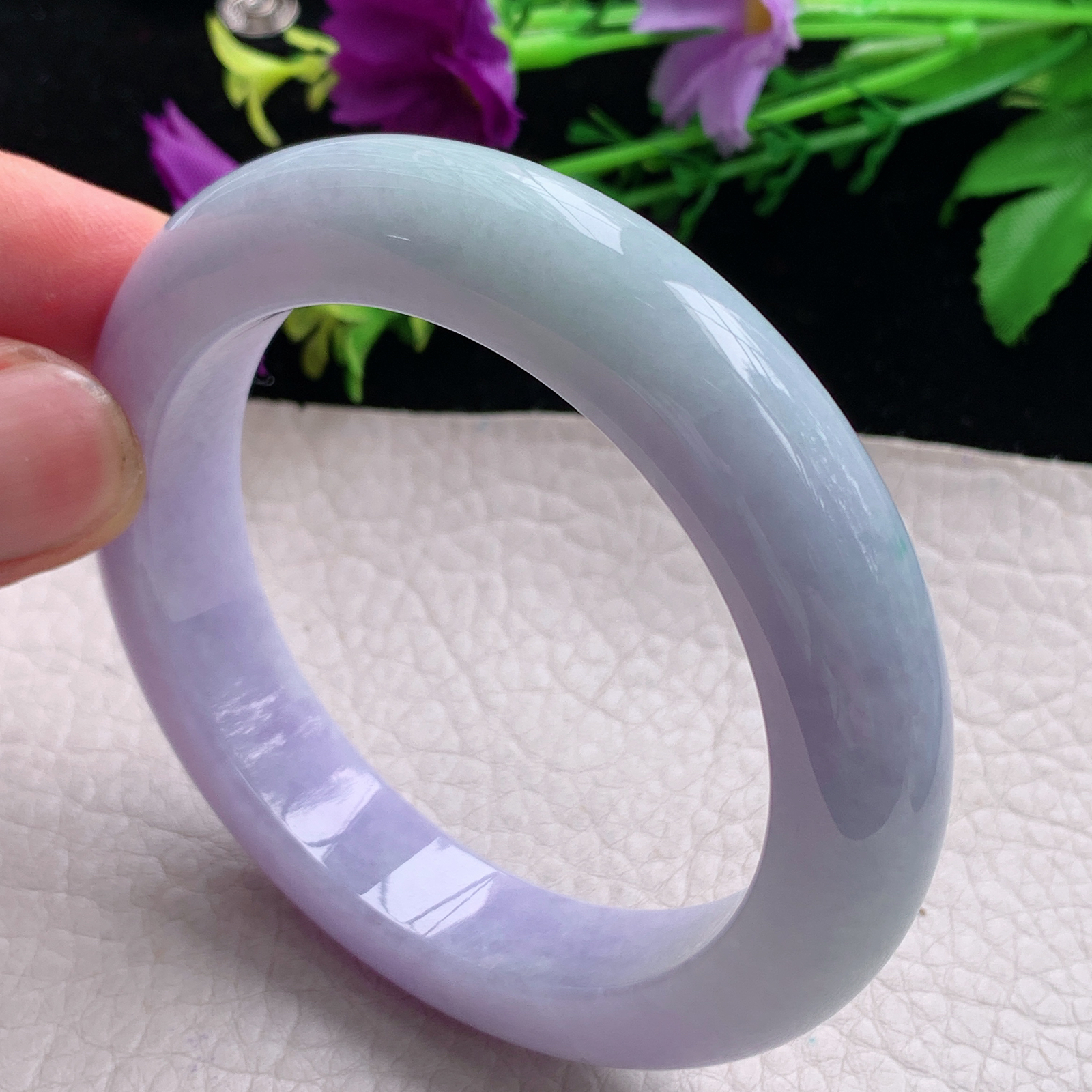 hh自然光57.5*12.8*10.3平安镯缅甸翡翠手镯淡绿紫色宽边厚装镯 紫罗兰正圈平安镯