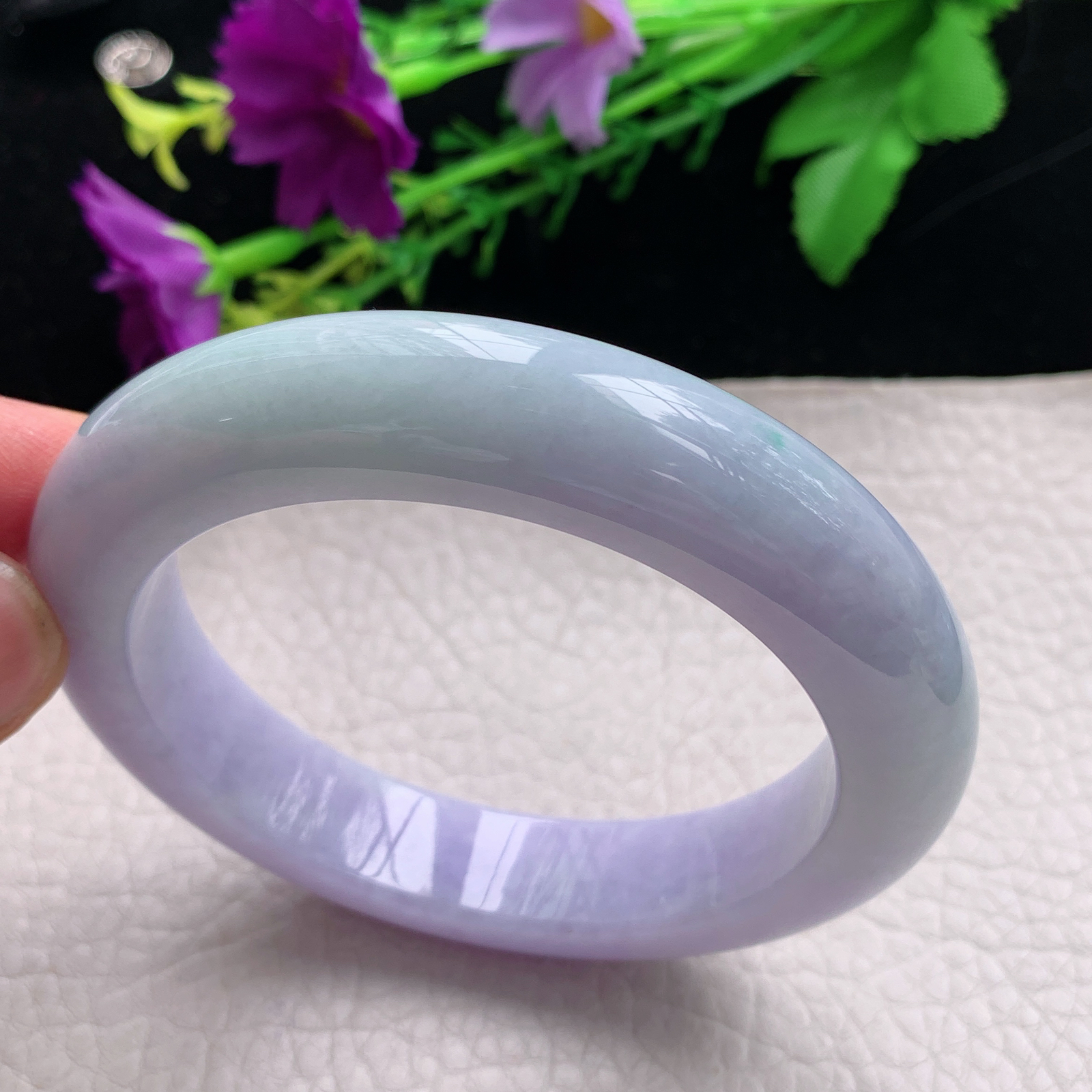 hh自然光57.5*12.8*10.3平安镯缅甸翡翠手镯淡绿紫色宽边厚装镯 紫罗兰正圈平安镯