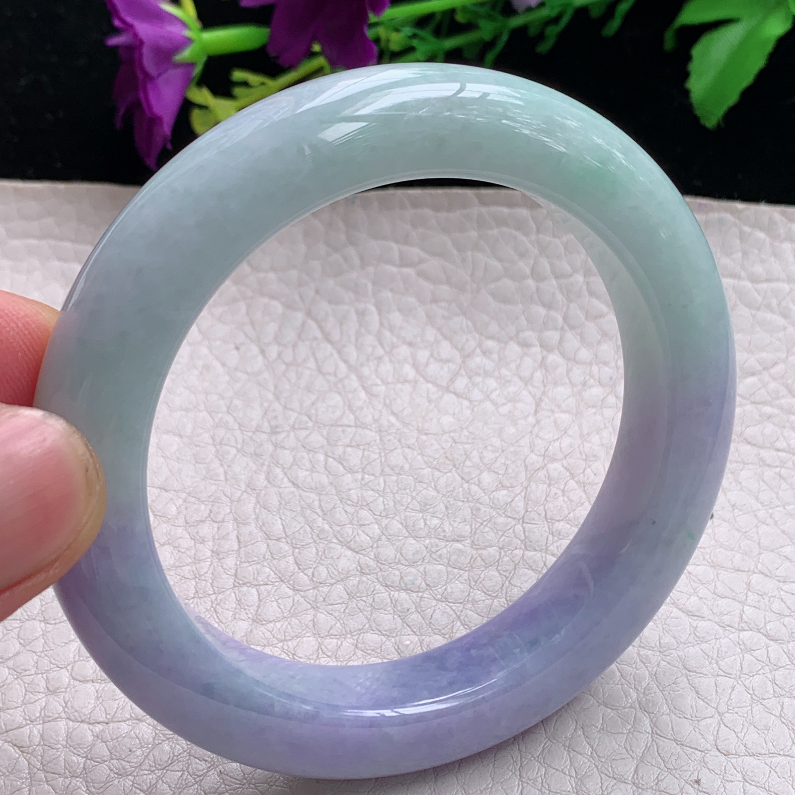 hh自然光56.5*12*10.5平安镯缅甸翡翠手镯淡绿紫色宽边厚装镯 紫罗兰正圈平安镯