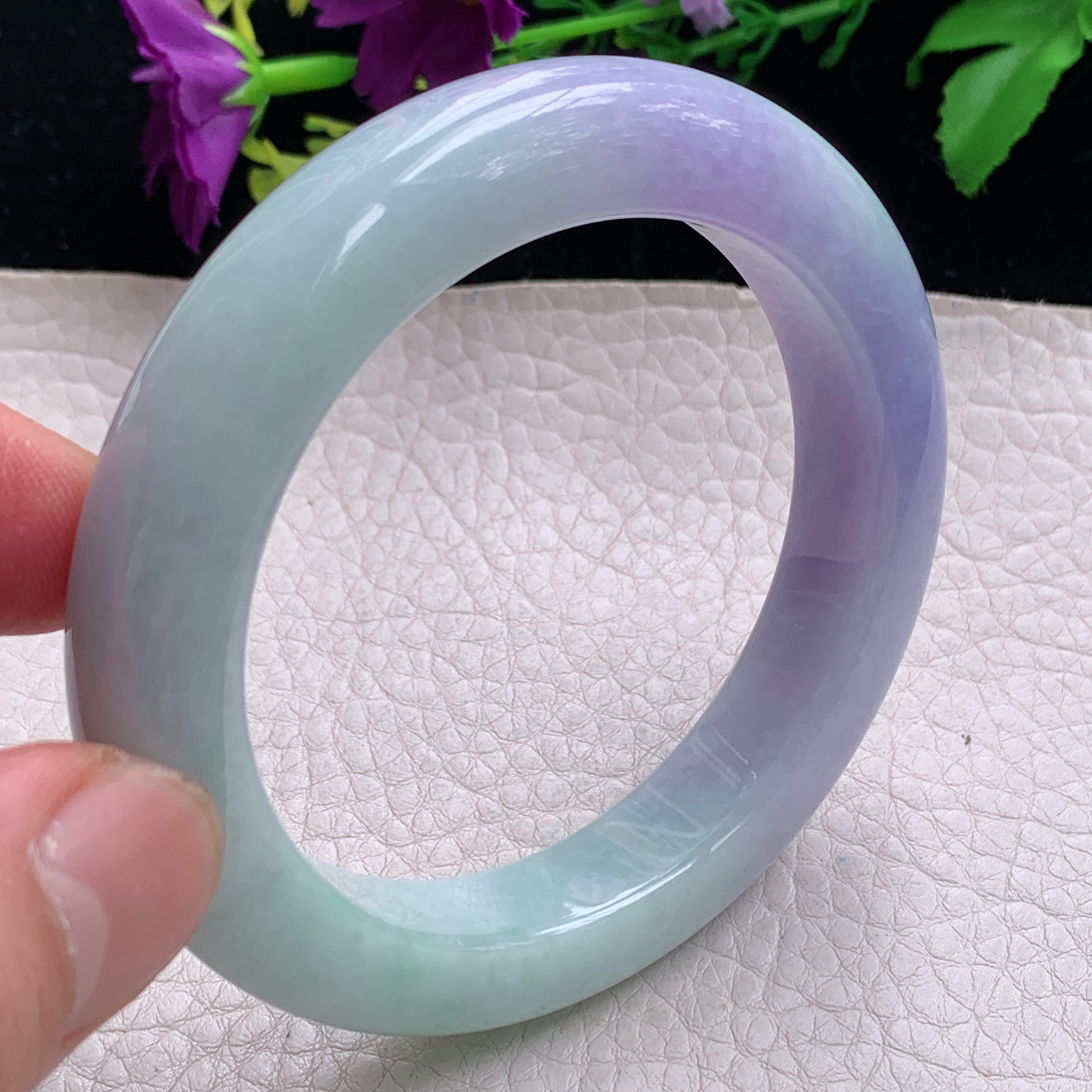 hh自然光56.5*12*10.5平安镯缅甸翡翠手镯淡绿紫色宽边厚装镯 紫罗兰正圈平安镯