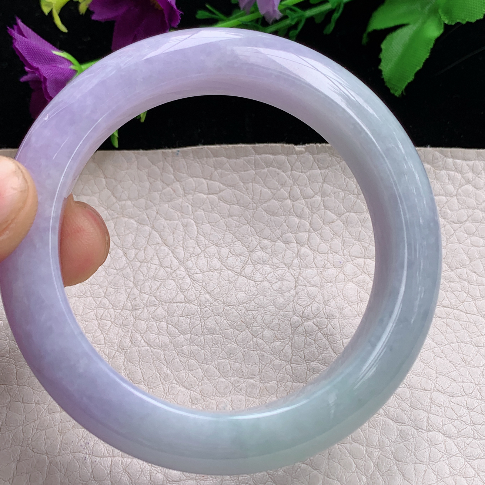 hh自然光57.5*12.8*10.3平安镯缅甸翡翠手镯淡绿紫色宽边厚装镯 紫罗兰正圈平安镯