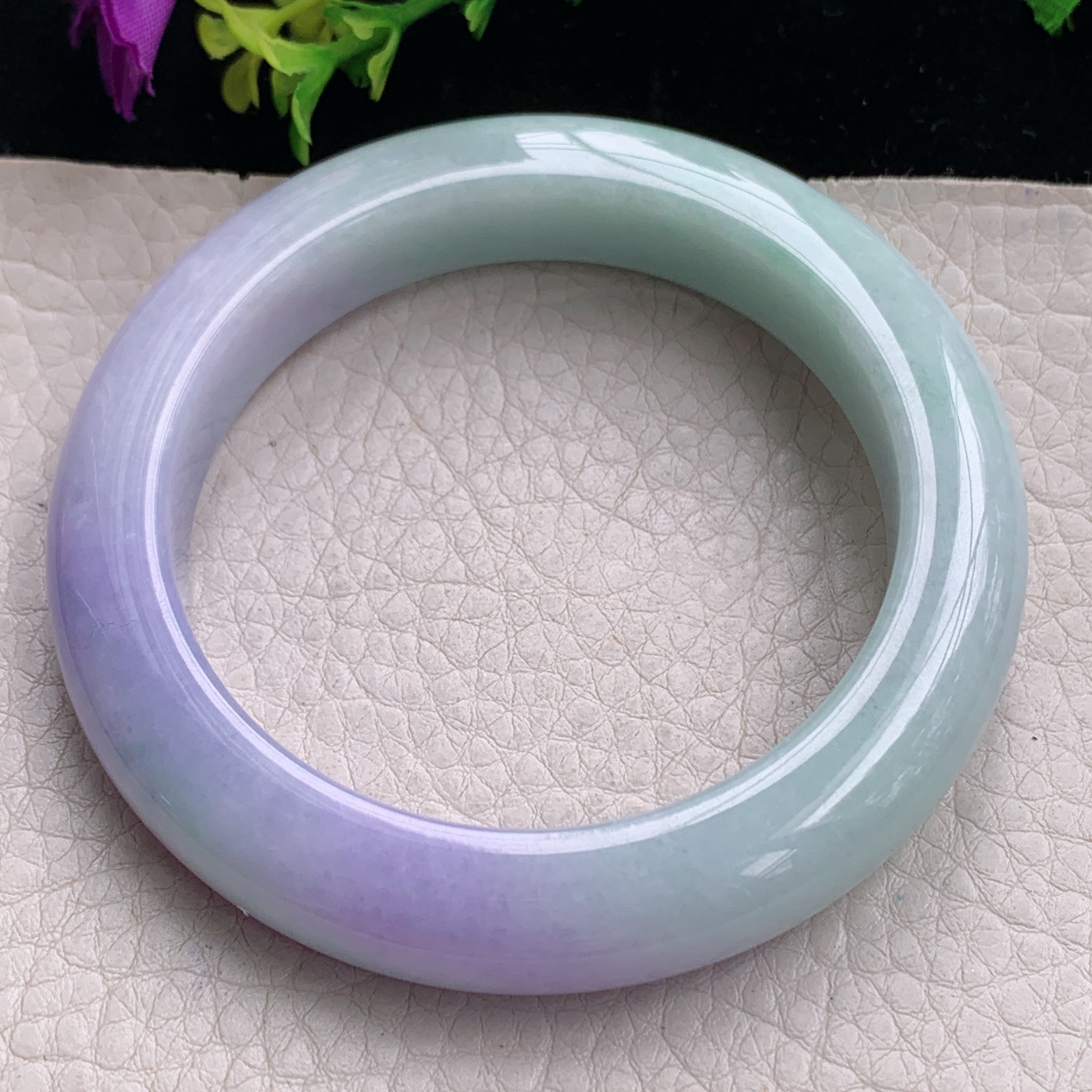 hh自然光56.5*12*10.5平安镯缅甸翡翠手镯淡绿紫色宽边厚装镯 紫罗兰正圈平安镯