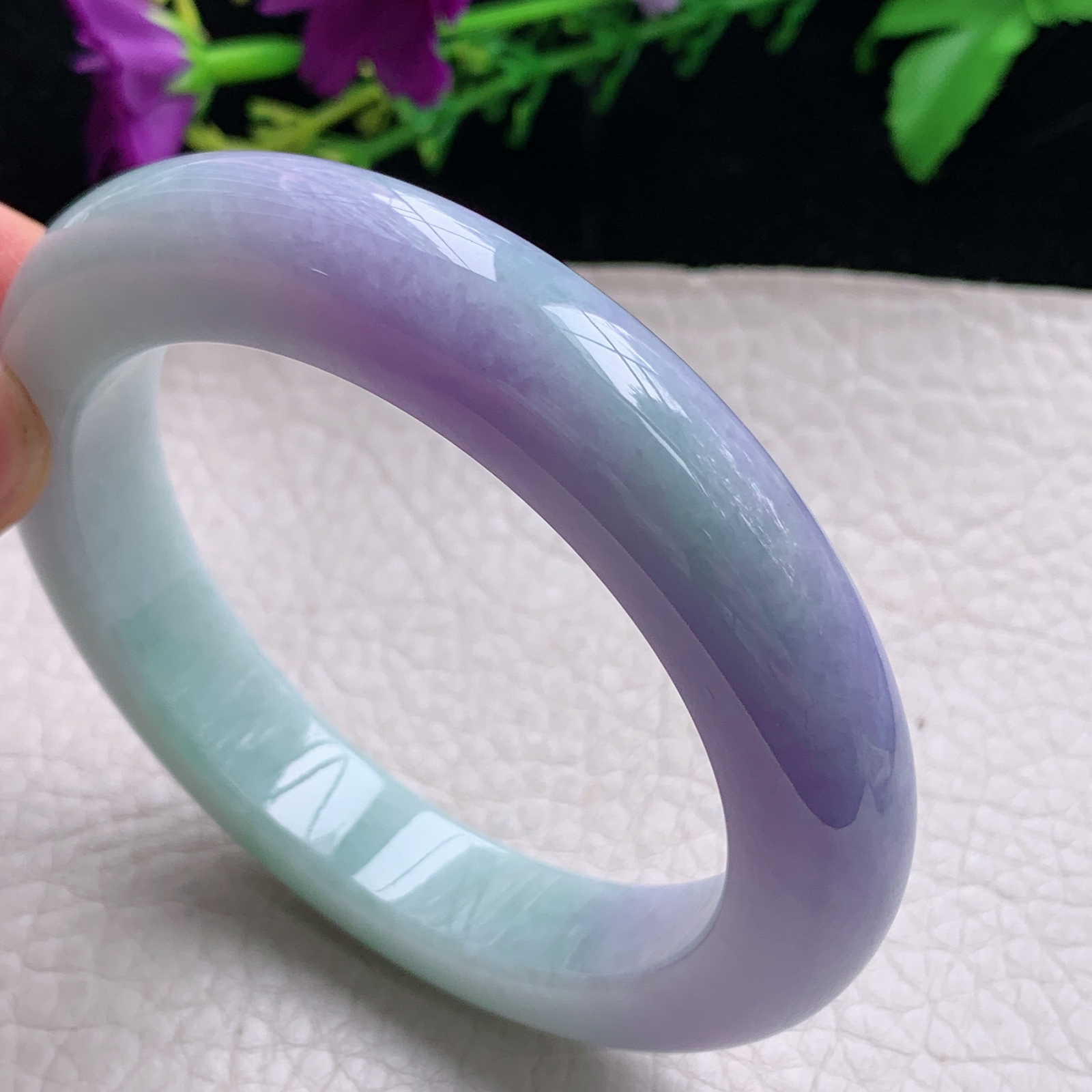 hh自然光56.5*12*10.5平安镯缅甸翡翠手镯淡绿紫色宽边厚装镯 紫罗兰正圈平安镯