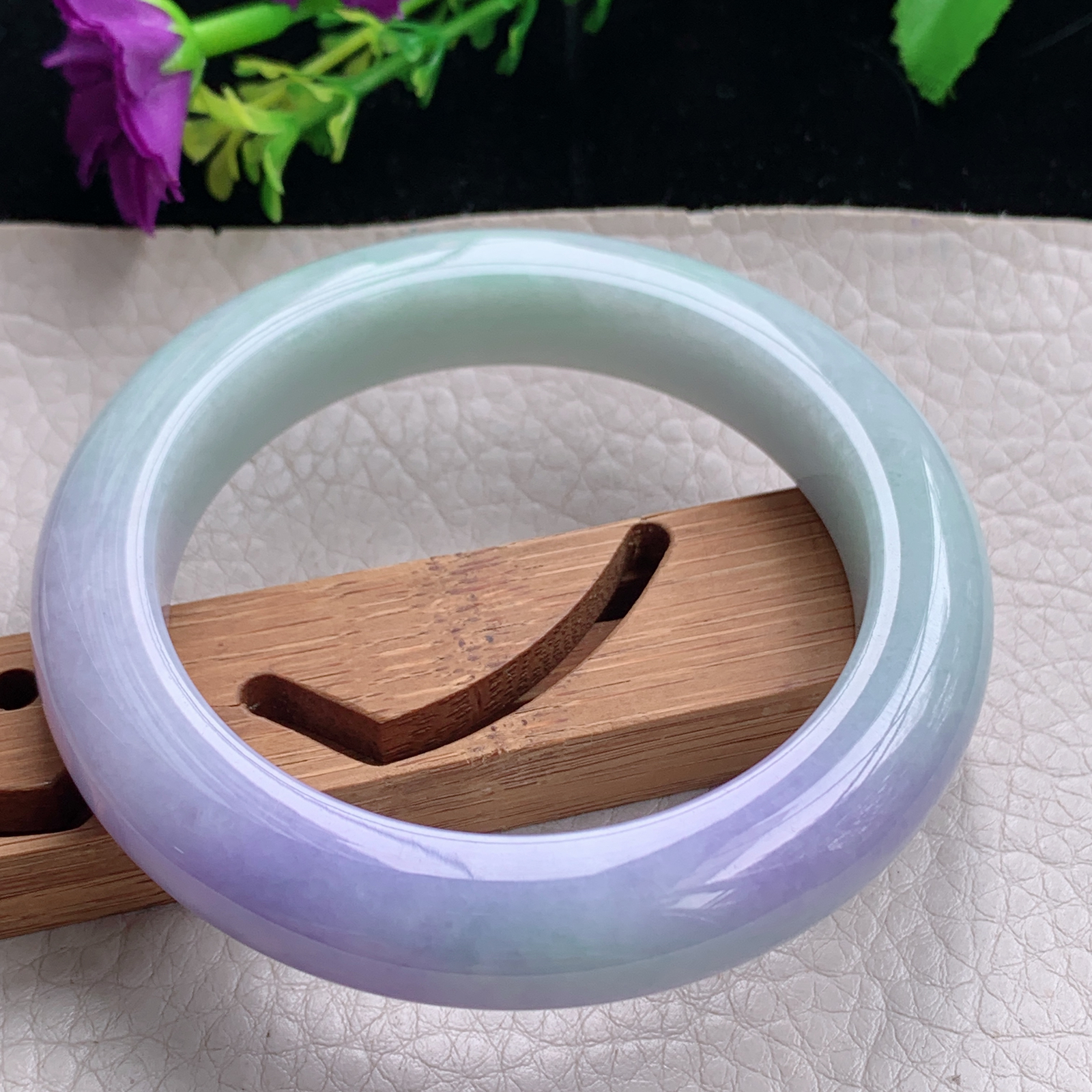 hh自然光56.5*12*10.5平安镯缅甸翡翠手镯淡绿紫色宽边厚装镯 紫罗兰正圈平安镯