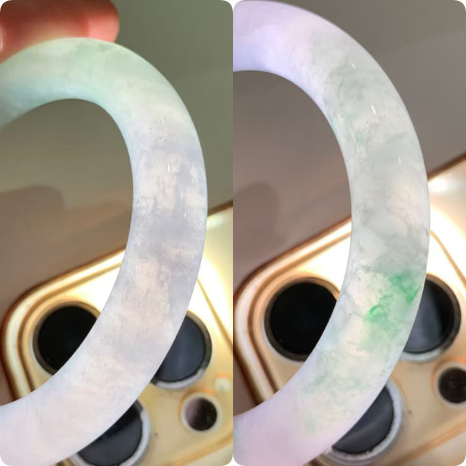 春彩圆条手镯尺寸51.5*9.8*9.5 种质细腻，通透水润，紫绿相间，色彩鲜艳，漂亮醒目！